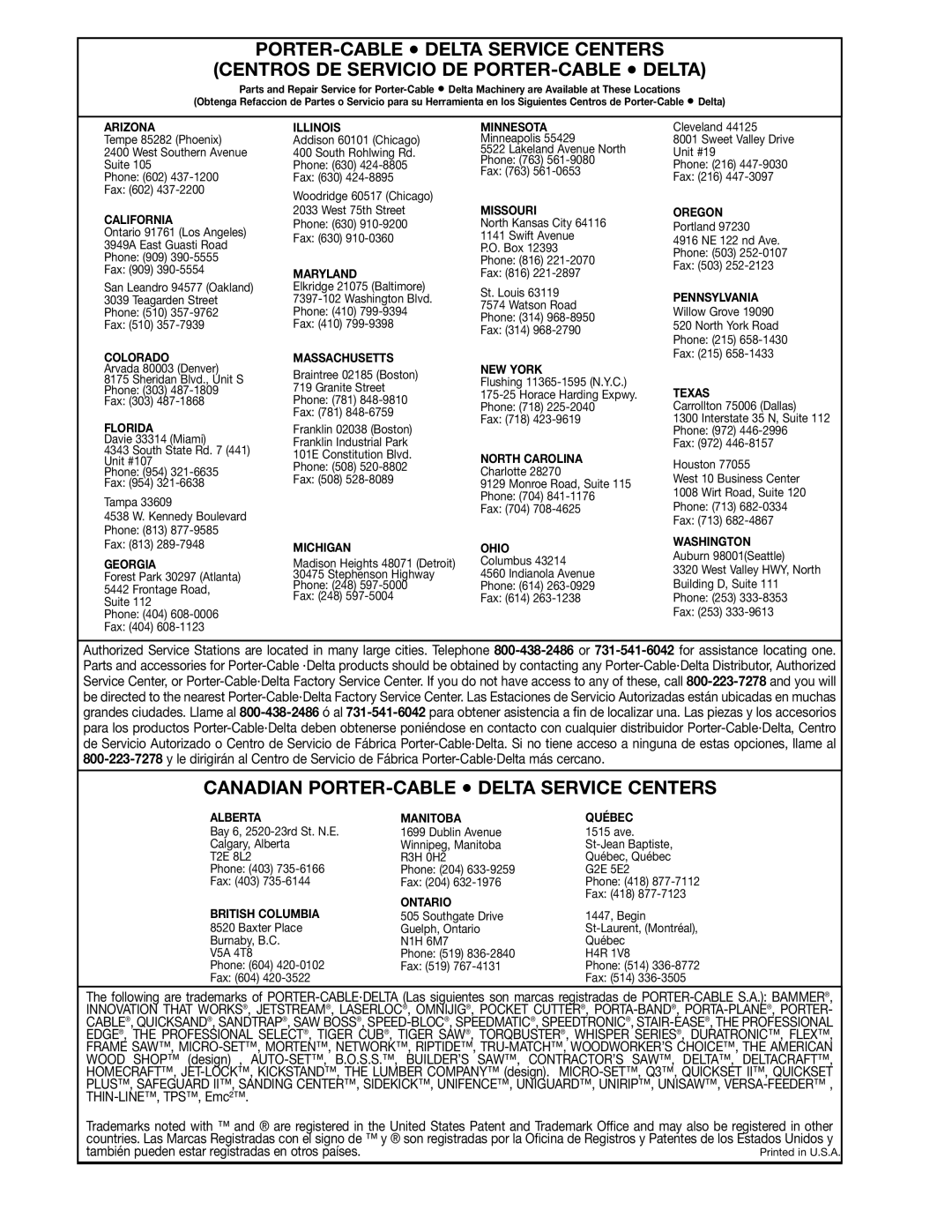 Delta 50-861, 50-866 instruction manual Canadian PORTER-CABLE Delta Service Centers 