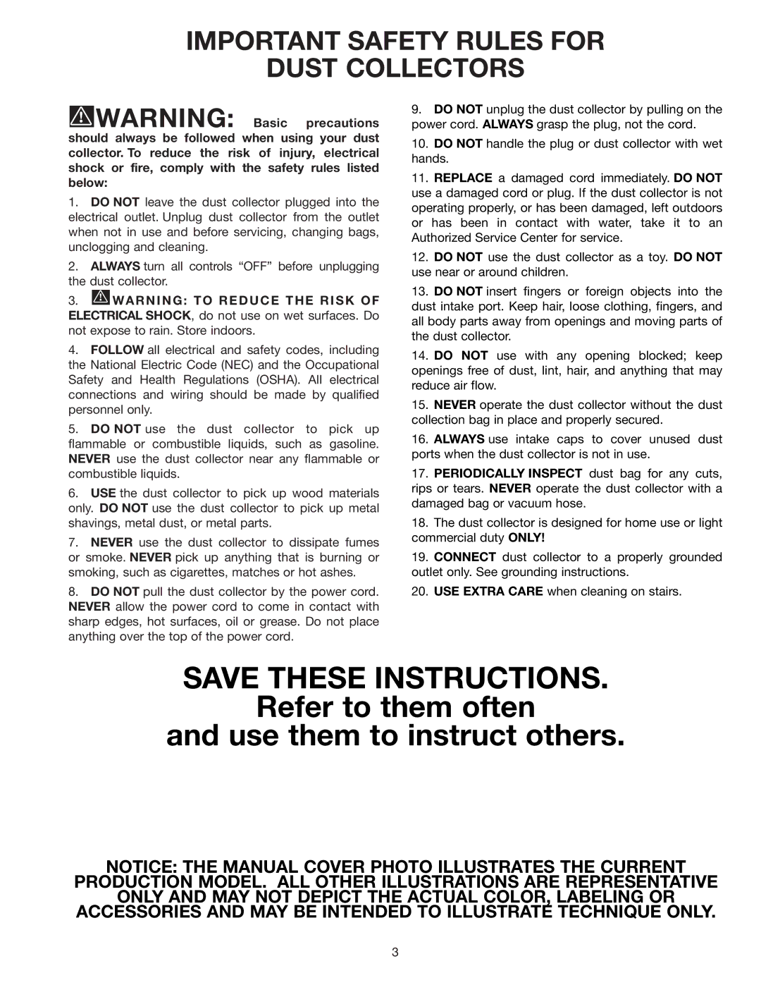 Delta 50-866, 50-861 Refer to them often Use them to instruct others, Important Safety Rules for Dust Collectors 