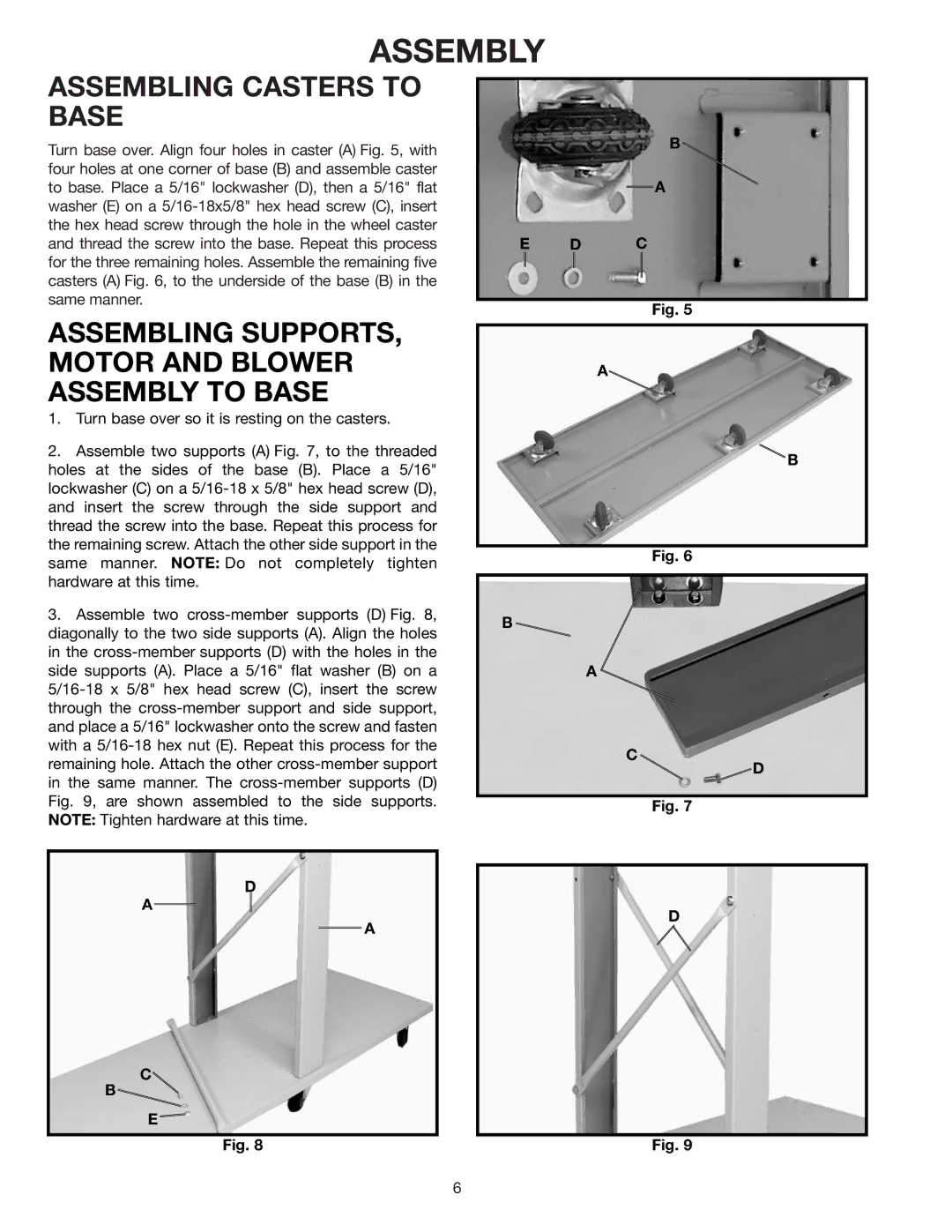 Delta 50-861, 50-866 instruction manual Assembling SUPPORTS, Motor and Blower Assembly to Base 