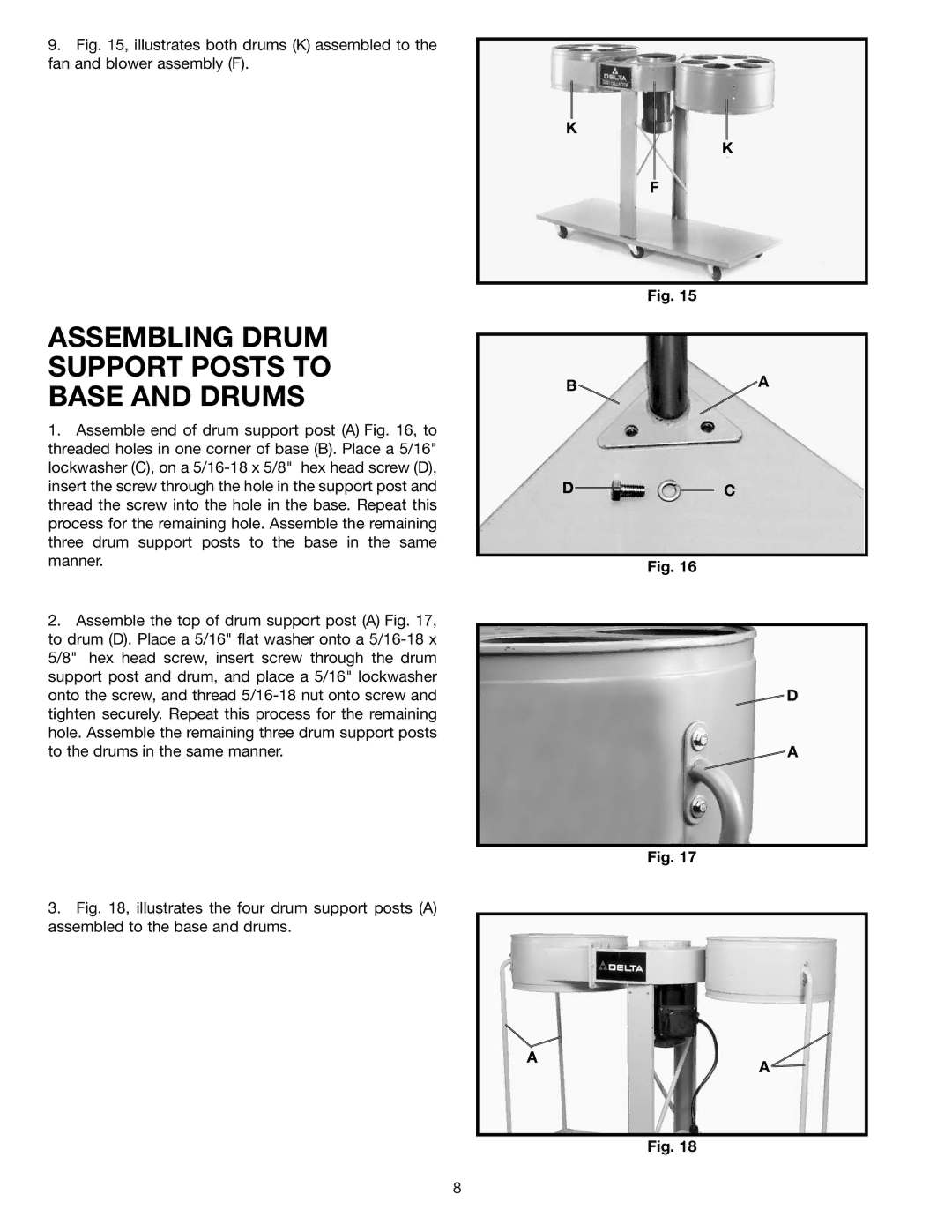 Delta 50-861, 50-866 instruction manual Assembling Drum Support Posts to Base and Drums 