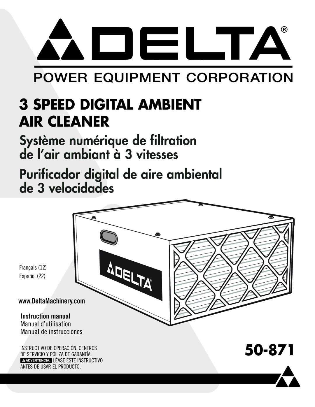 Delta 50-871 instruction manual Speed Digital Ambient Air Cleaner 