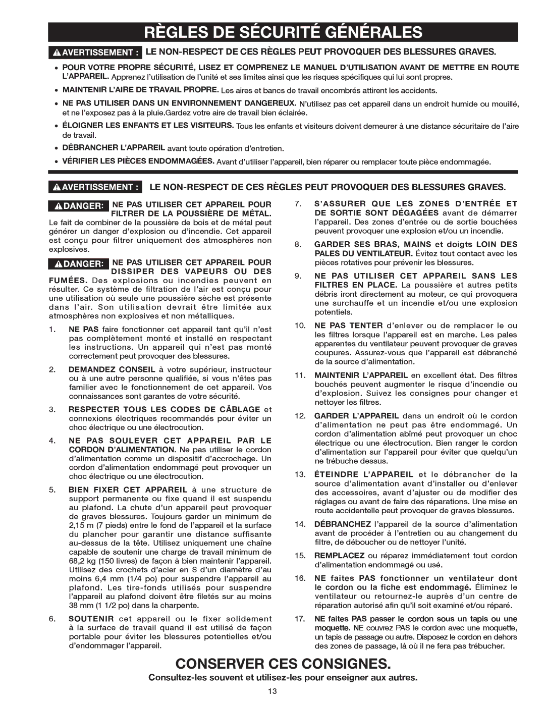 Delta 50-871 instruction manual Règles DE Sécurité Générales, Conserver CES Consignes 