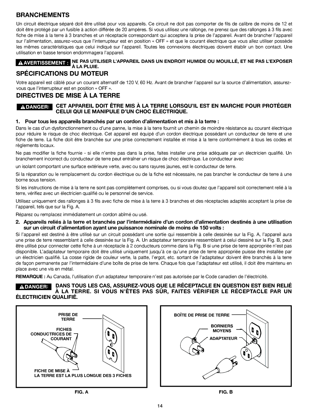 Delta 50-871 instruction manual Branchements, Spécifications DU Moteur, Directives DE Mise À LA Terre 