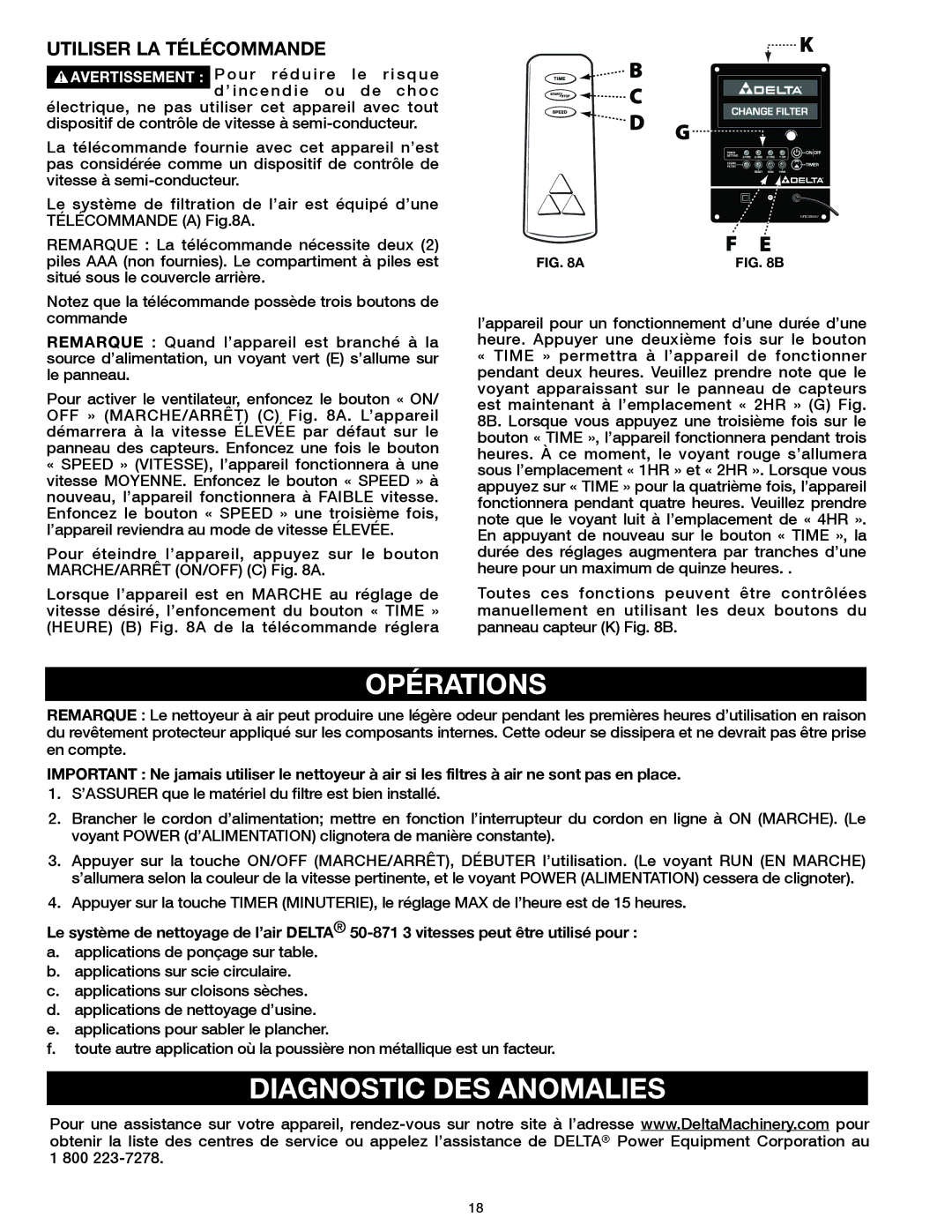 Delta 50-871 instruction manual Opérations, Diagnostic DES Anomalies, Utiliser LA Télécommande 