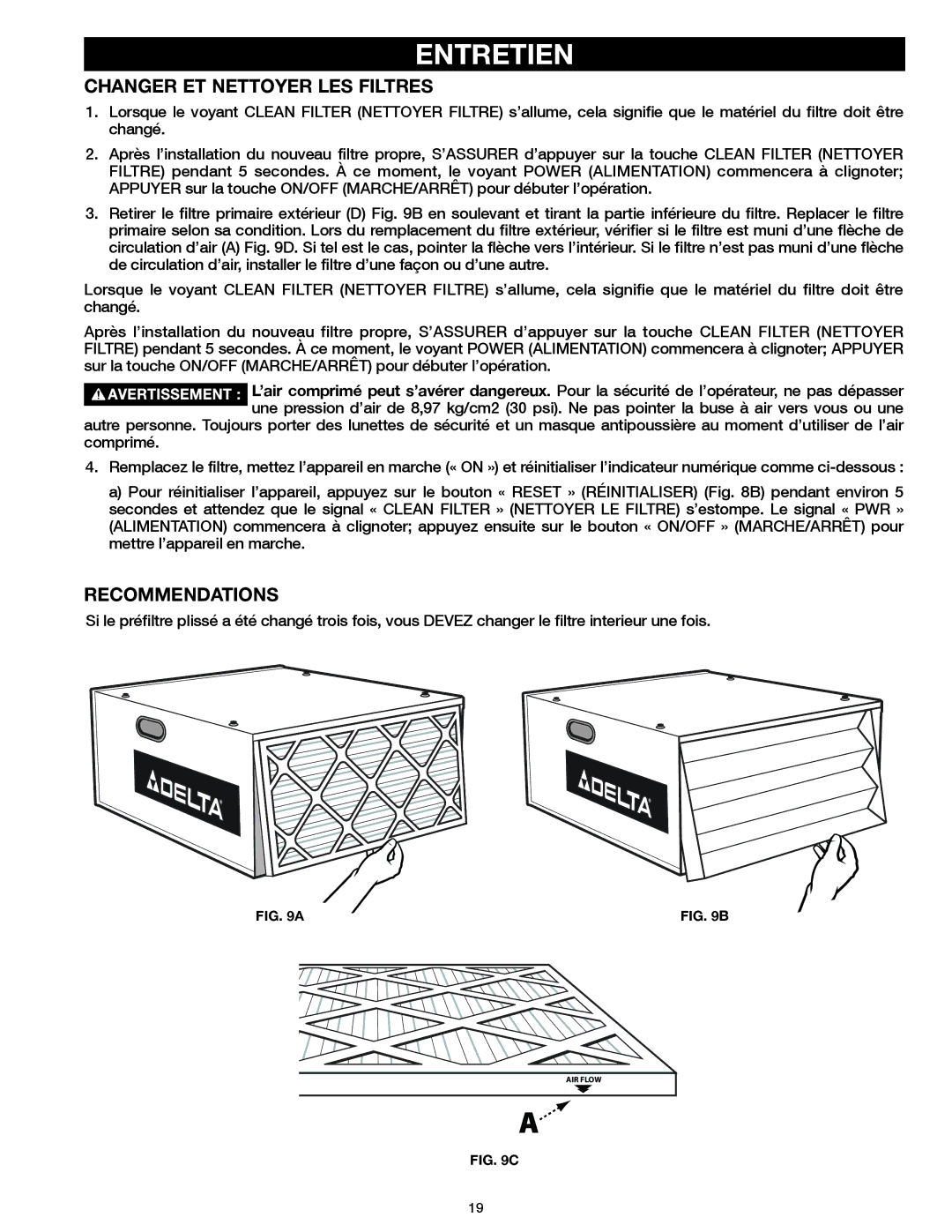 Delta 50-871 instruction manual Entretien, Changer ET Nettoyer LES Filtres, Recommendations 