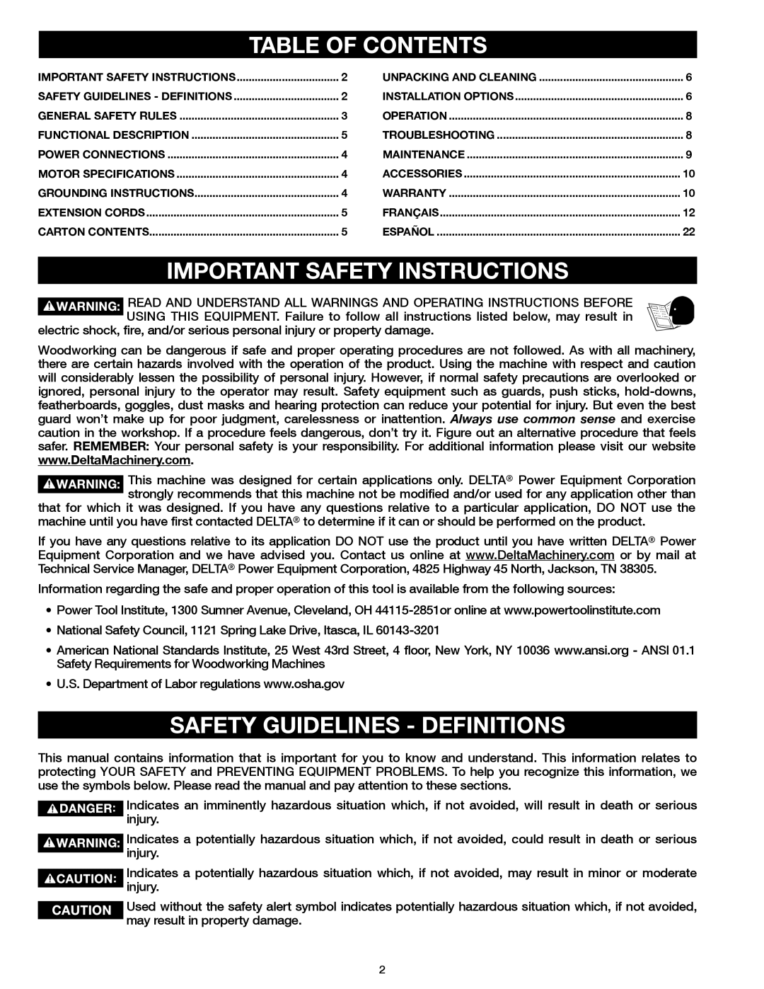 Delta 50-871 instruction manual Table of Contents, Important Safety Instructions, Safety Guidelines Definitions 