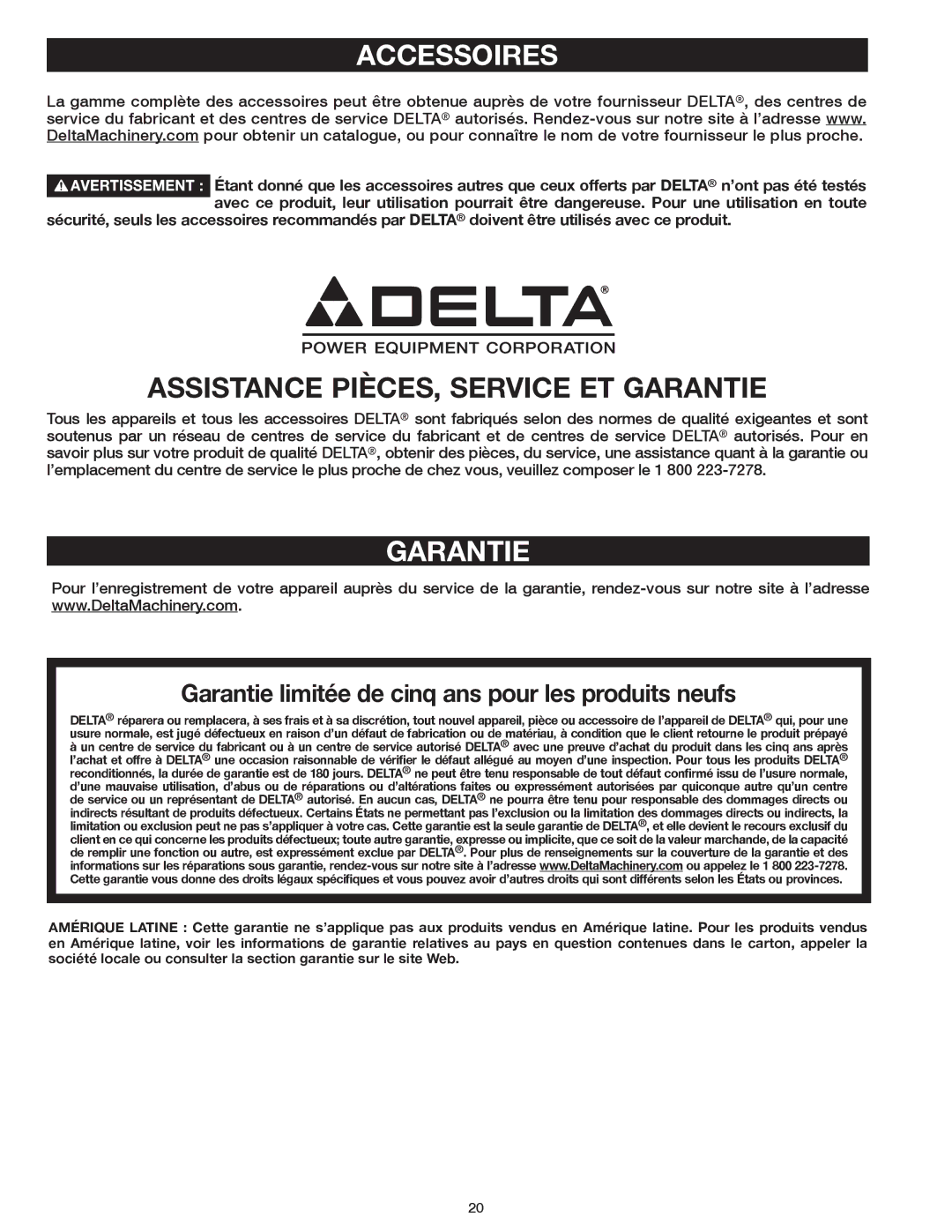 Delta 50-871 instruction manual Accessoires, Garantie 