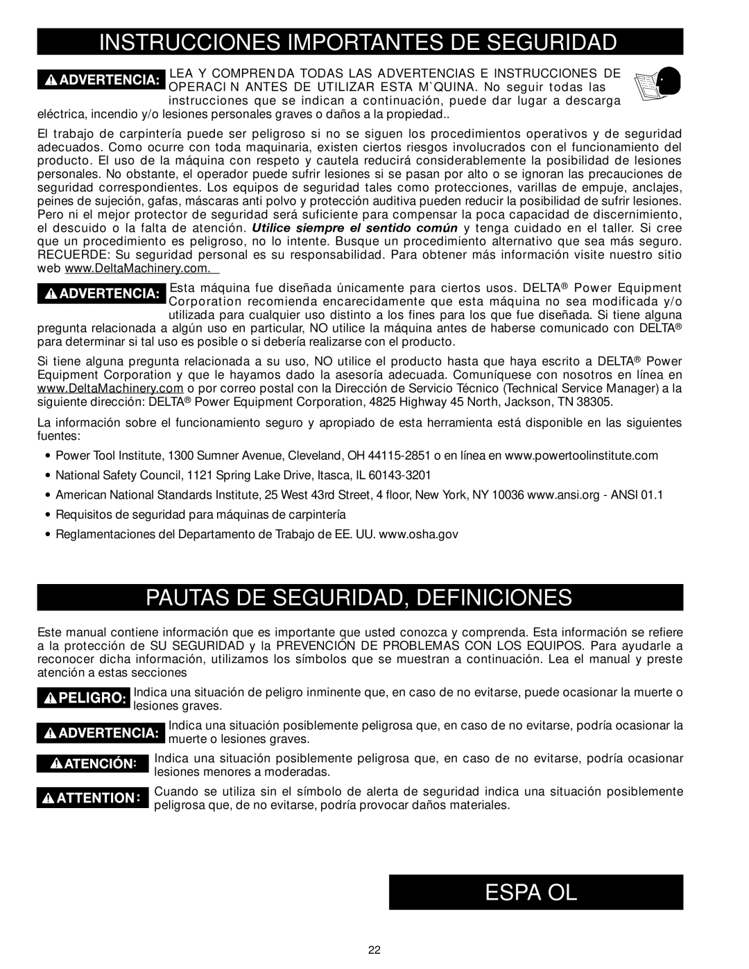 Delta 50-871 instruction manual Instrucciones Importantes DE Seguridad, Pautas DE SEGURIDAD, Definiciones, Español 