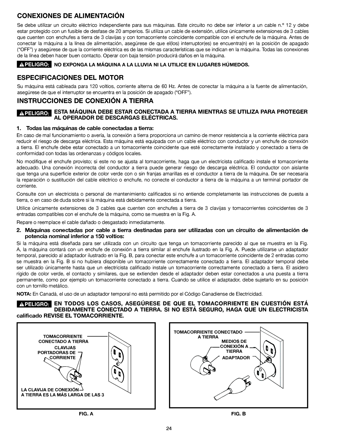 Delta 50-871 instruction manual Conexiones DE Alimentación, Especificaciones DEL Motor, Instrucciones DE Conexión a Tierra 