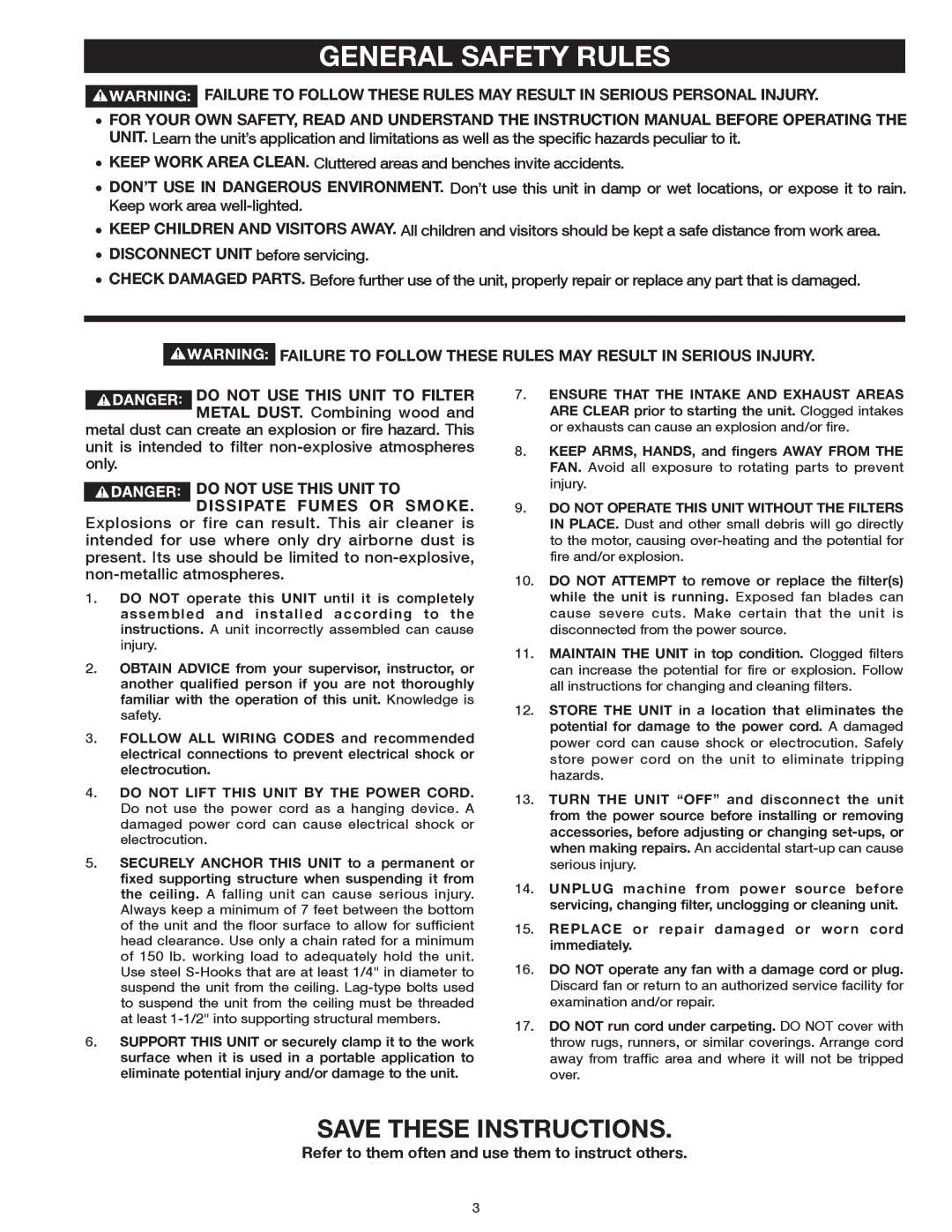 Delta 50-871 instruction manual General Safety Rules, Failure to Follow These Rules MAY Result in Serious Injury 