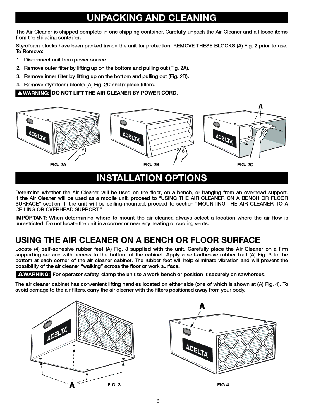 Delta 50-871 Unpacking and Cleaning, Installation Options, Using the AIR Cleaner on a Bench or Floor Surface 