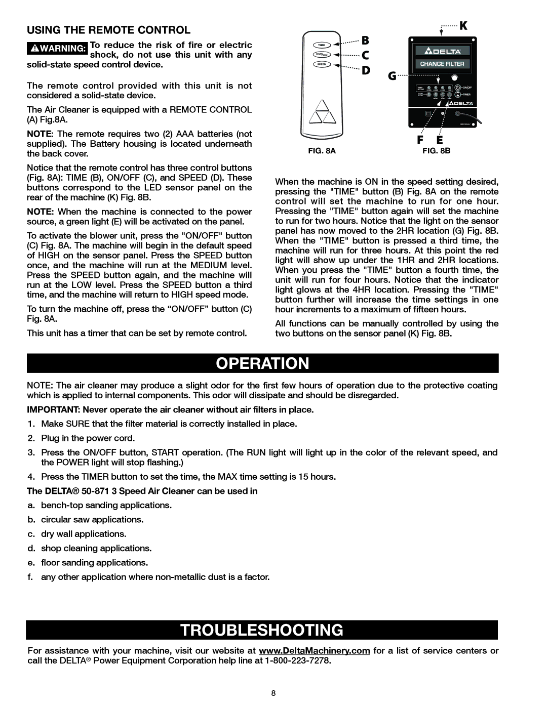 Delta 50-871 instruction manual Operation, Troubleshooting, Using the Remote Control 