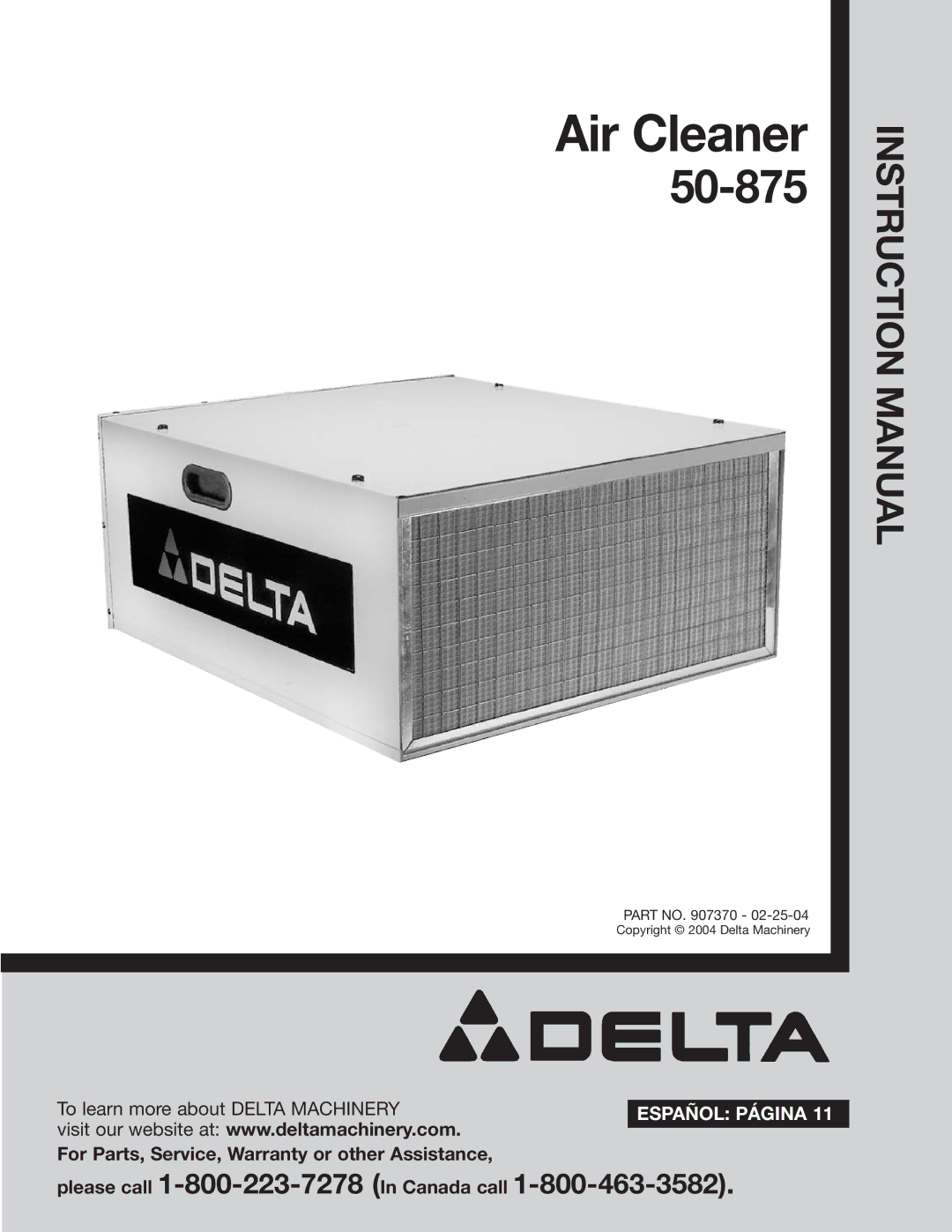 Delta 50-875 instruction manual Air Cleaner 