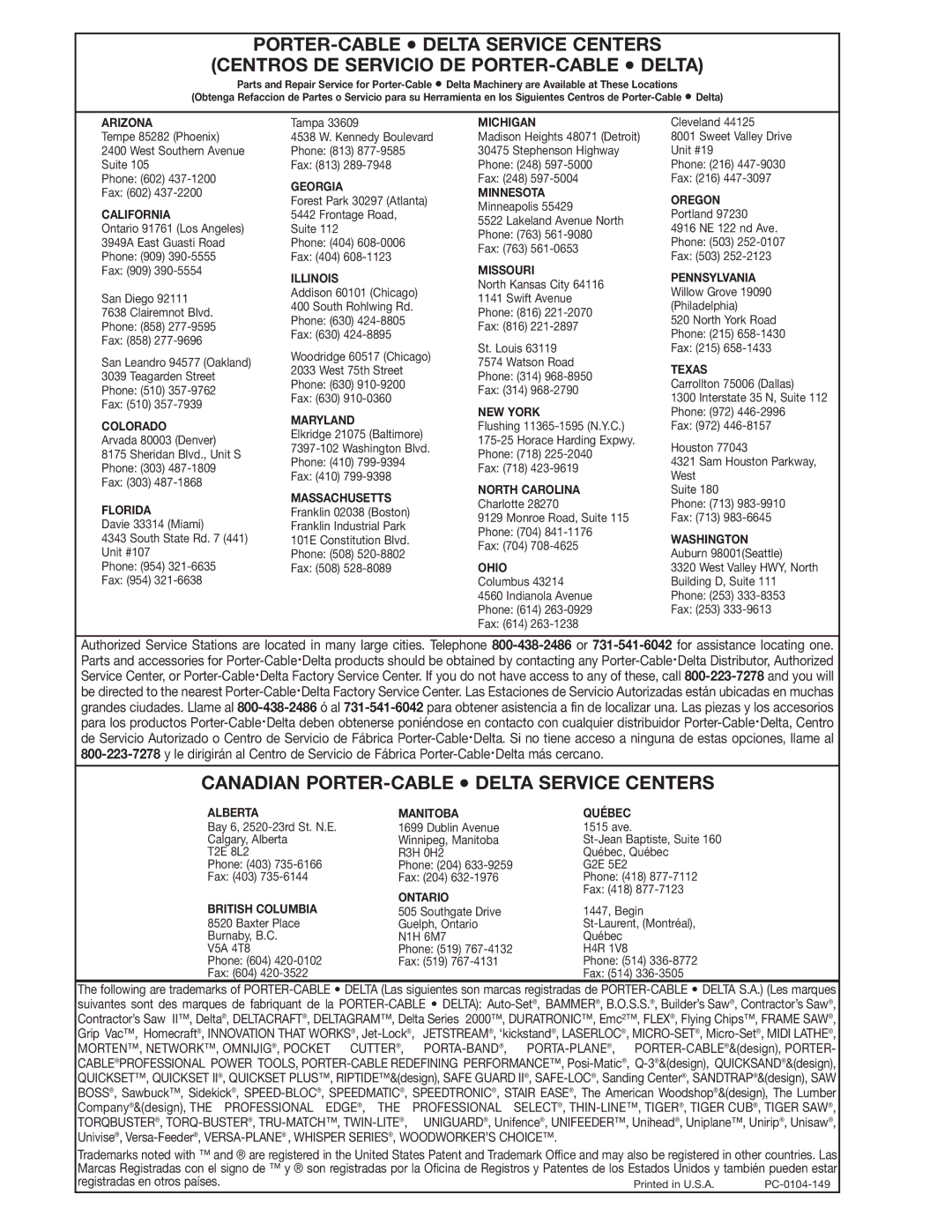 Delta 50-875 instruction manual Canadian PORTER-CABLE Delta Service Centers 