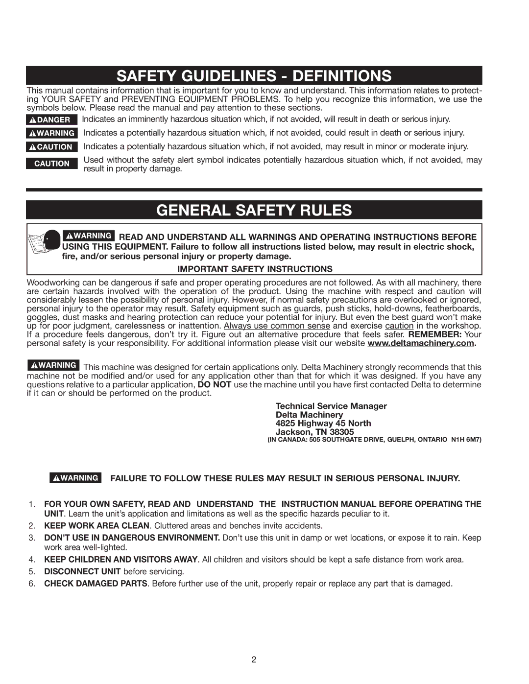 Delta 50-875 instruction manual Safety Guidelines Definitions, General Safety Rules, Important Safety Instructions 