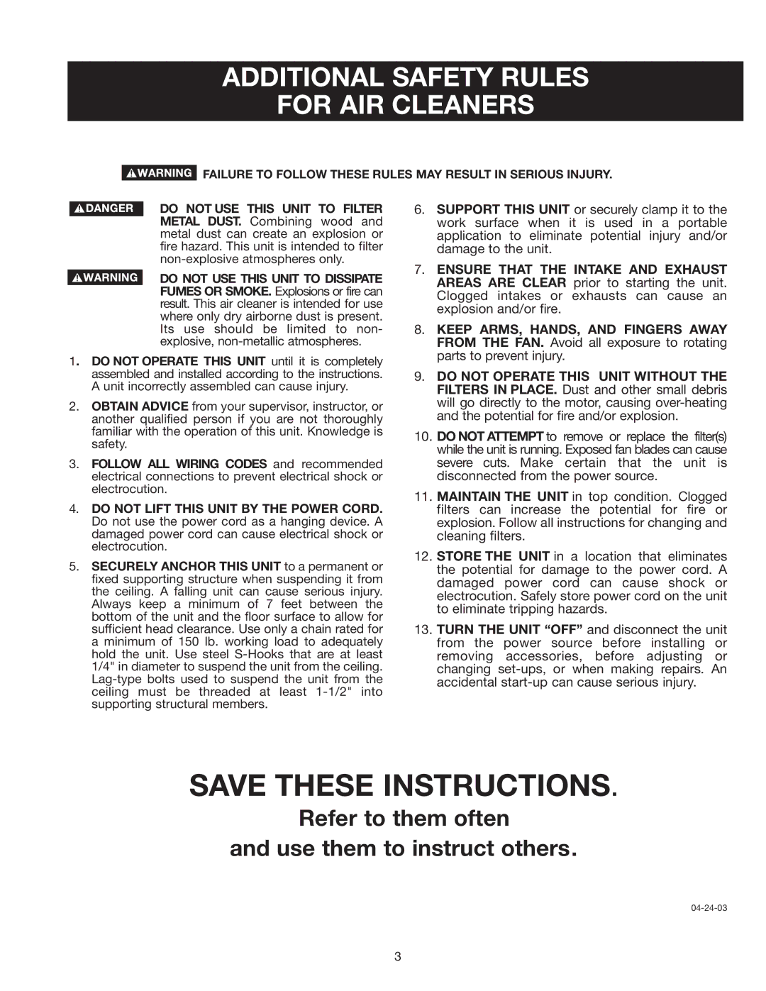 Delta 50-875 Additional Safety Rules For AIR Cleaners, Failure to Follow These Rules MAY Result in Serious Injury 