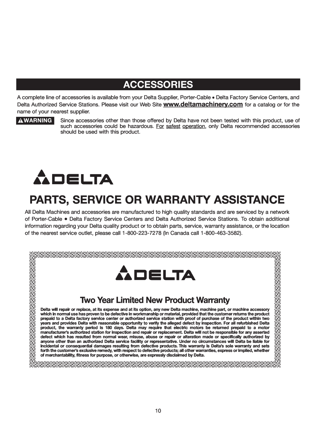 Delta 50-875 instruction manual Parts, Service Or Warranty Assistance, Accessories, Two Year Limited New Product Warranty 