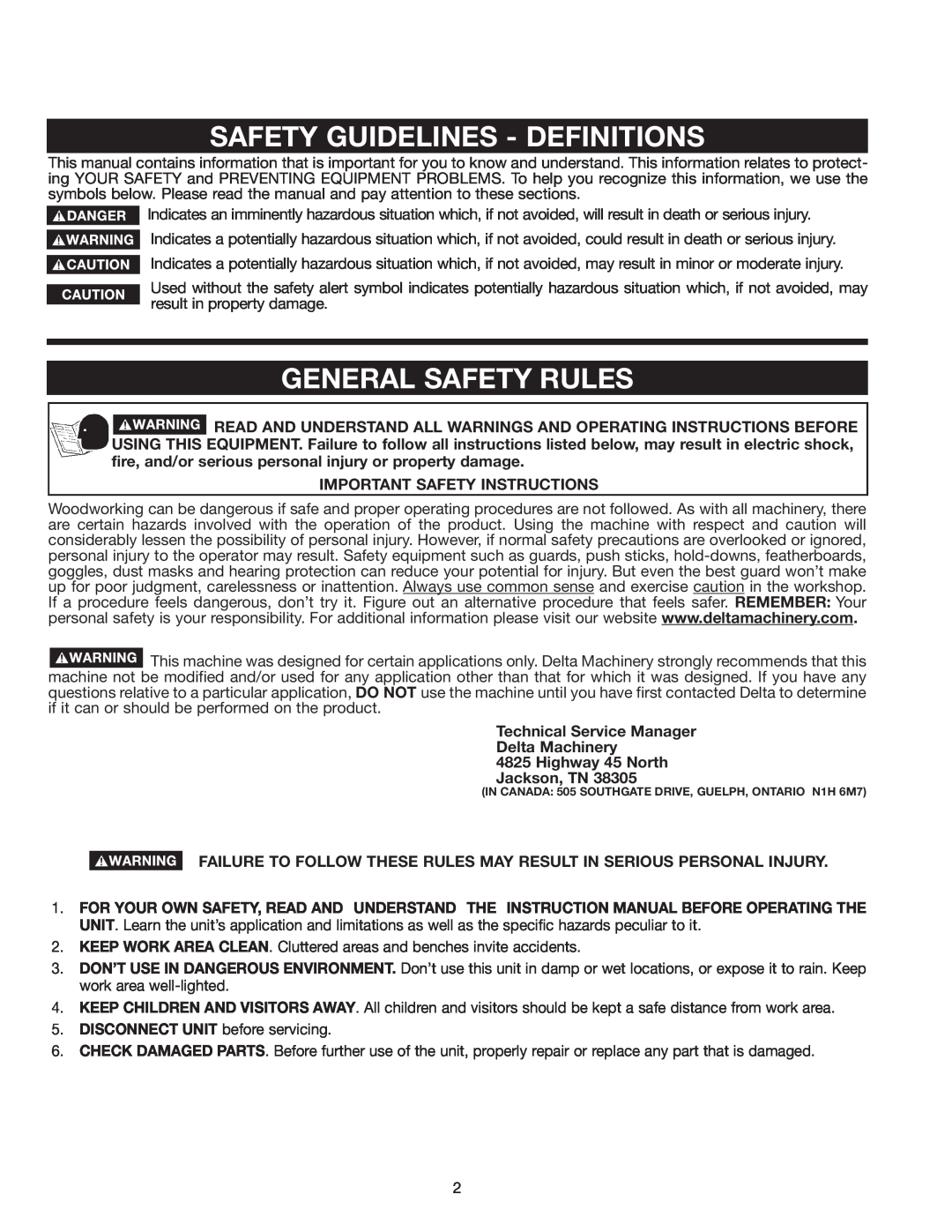 Delta 50-875 instruction manual Safety Guidelines - Definitions, General Safety Rules, Important Safety Instructions 