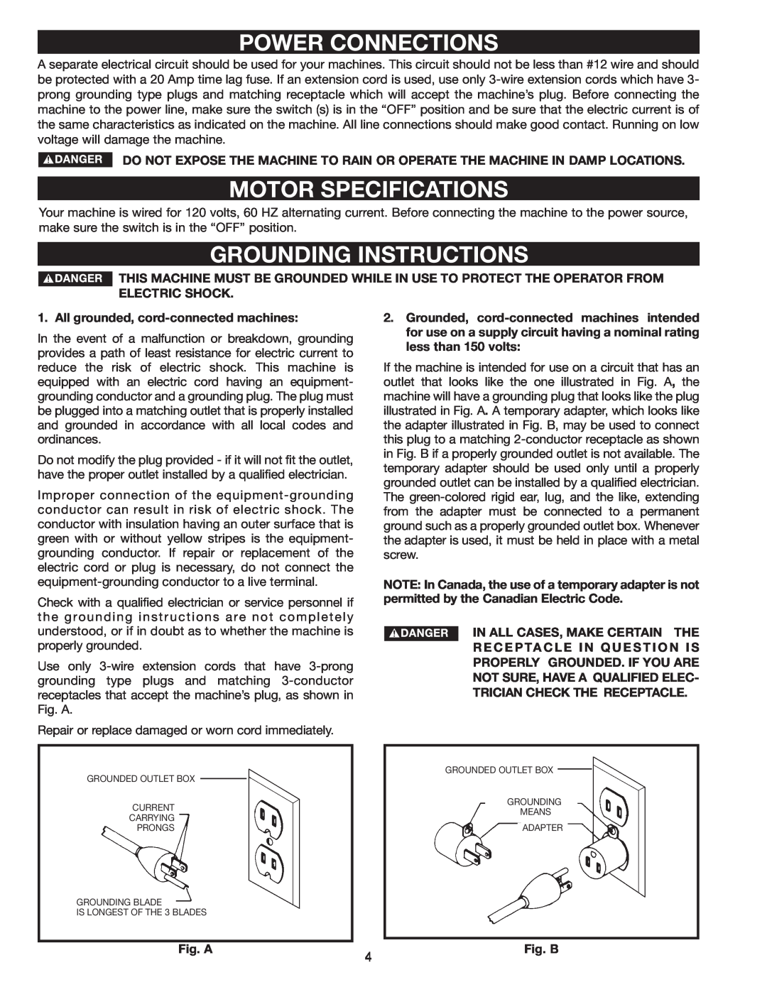 Delta 50-875 instruction manual Power Connections, Motor Specifications, Grounding Instructions 