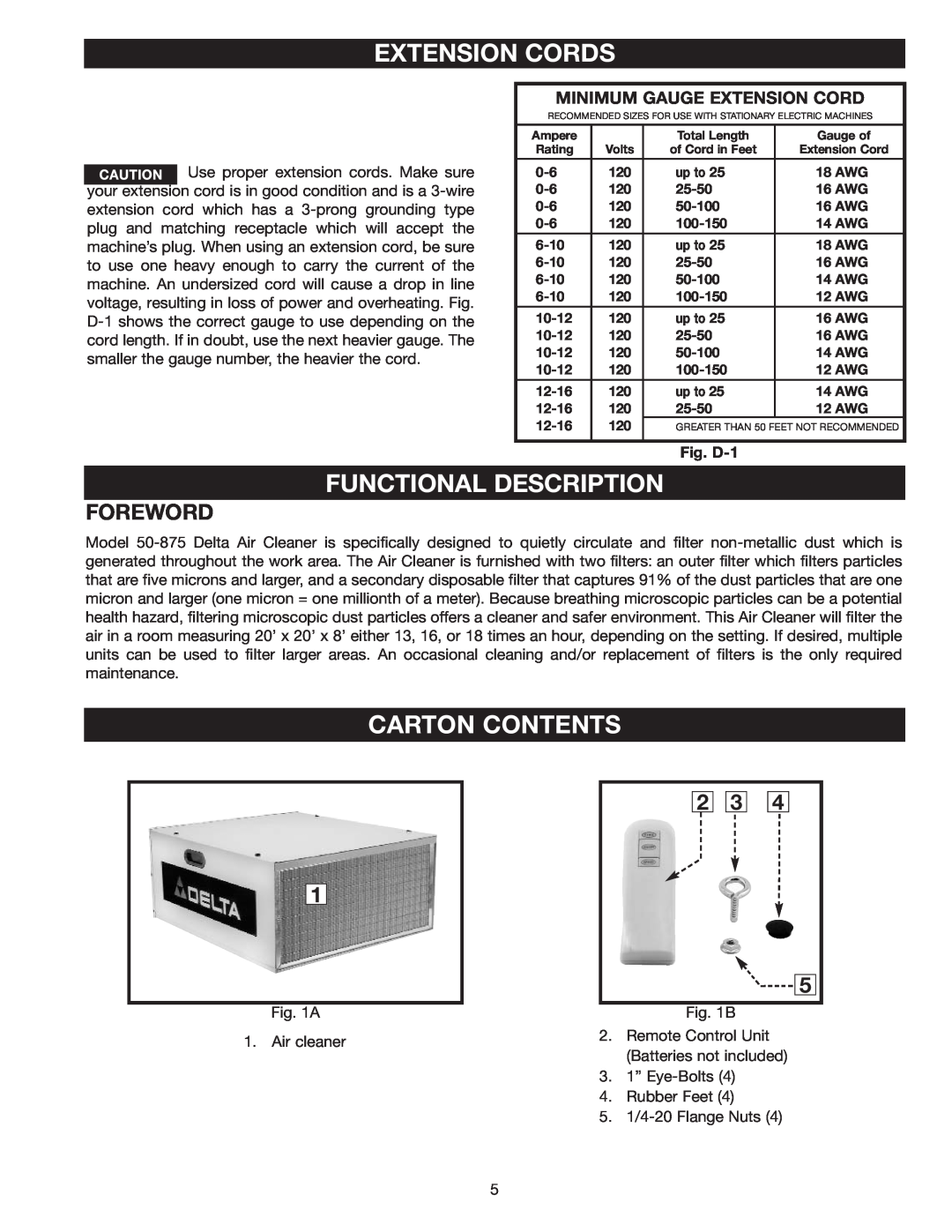 Delta 50-875 Foreword, Extension Cords, Functional Description, Carton Contents, Minimum Gauge Extension Cord 