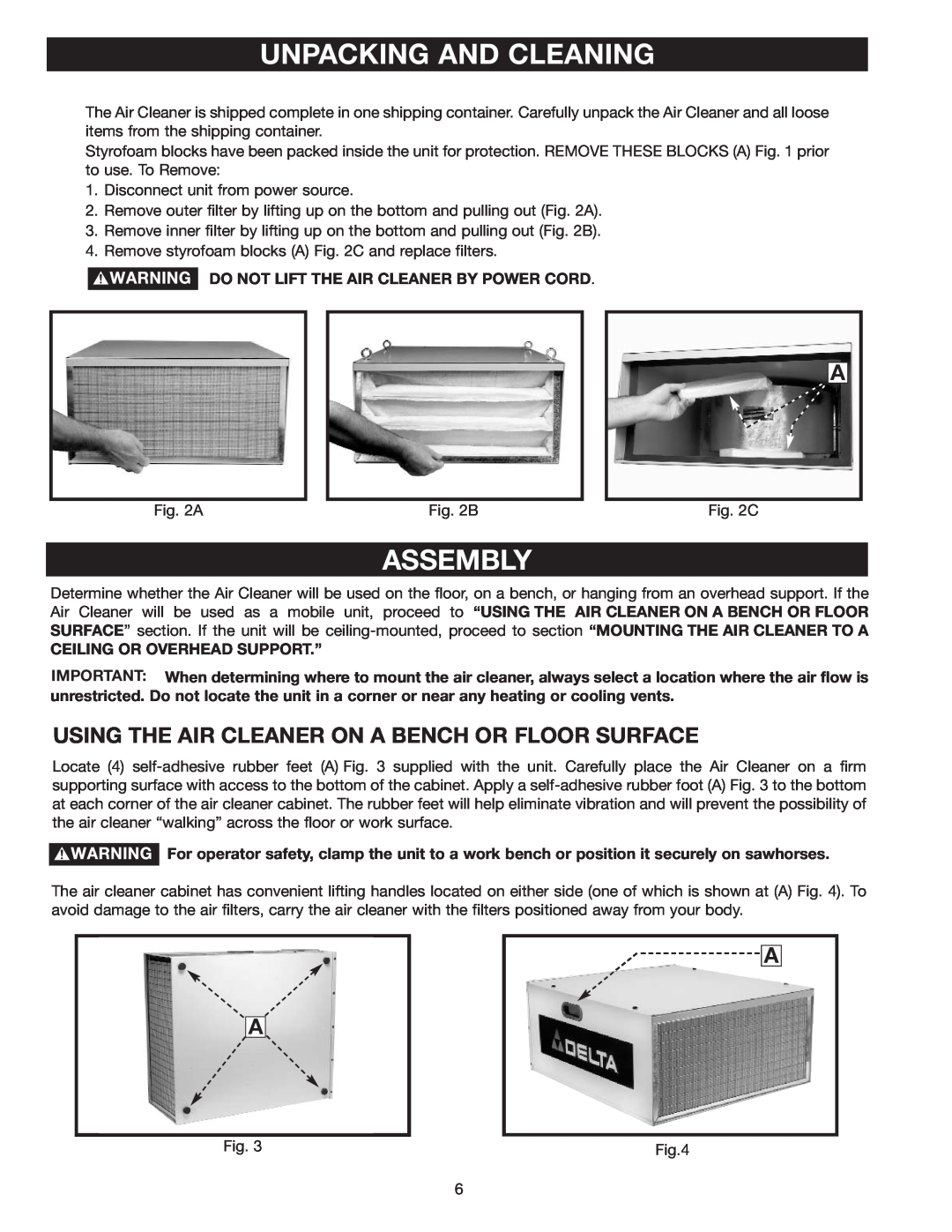 Delta 50-875 instruction manual Unpacking And Cleaning, Assembly, Using The Air Cleaner On A Bench Or Floor Surface 