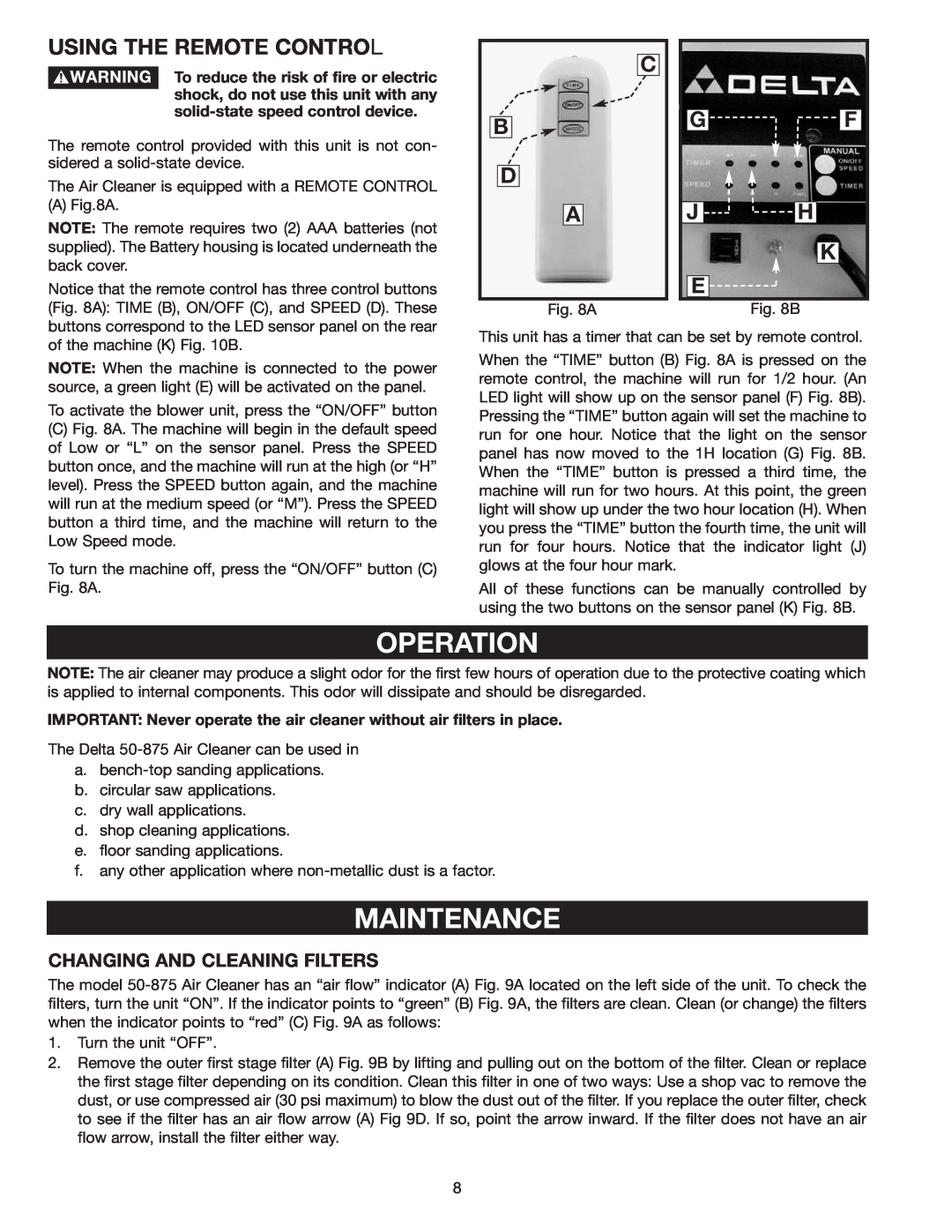 Delta 50-875 instruction manual Operation, Maintenance, Using The Remote Control 