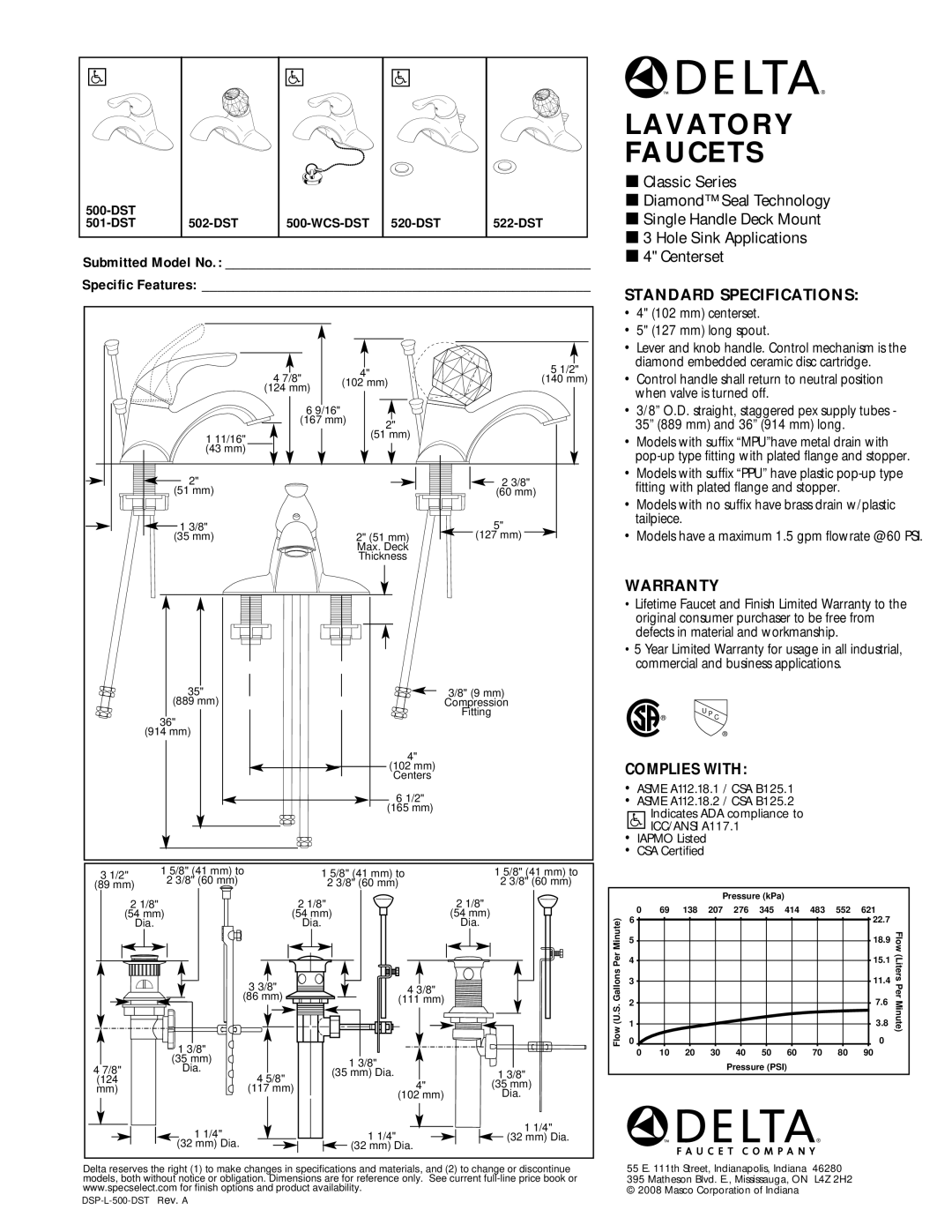 Delta 520-DST, 501-DST, 522-DST, 502-DST, 500-DST warranty Lavatory Faucets, Standard Specifications, Warranty, Complies with 