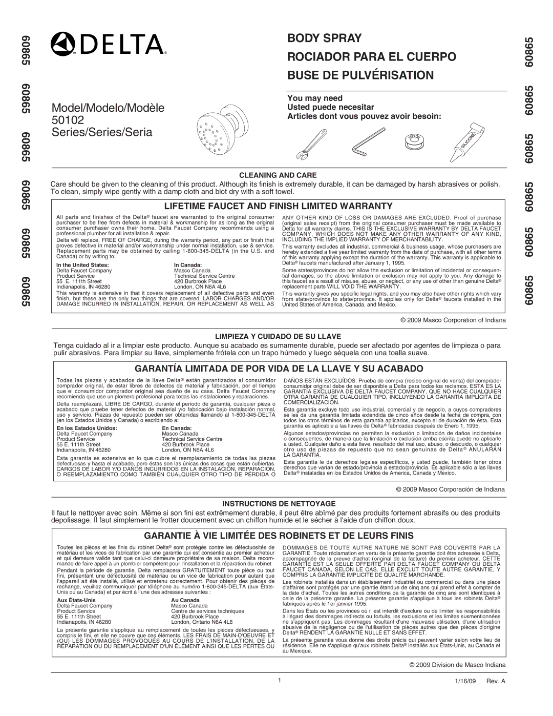 Delta 50102 Series warranty Body Spray Rociador Para EL Cuerpo Buse DE Pulvérisation 