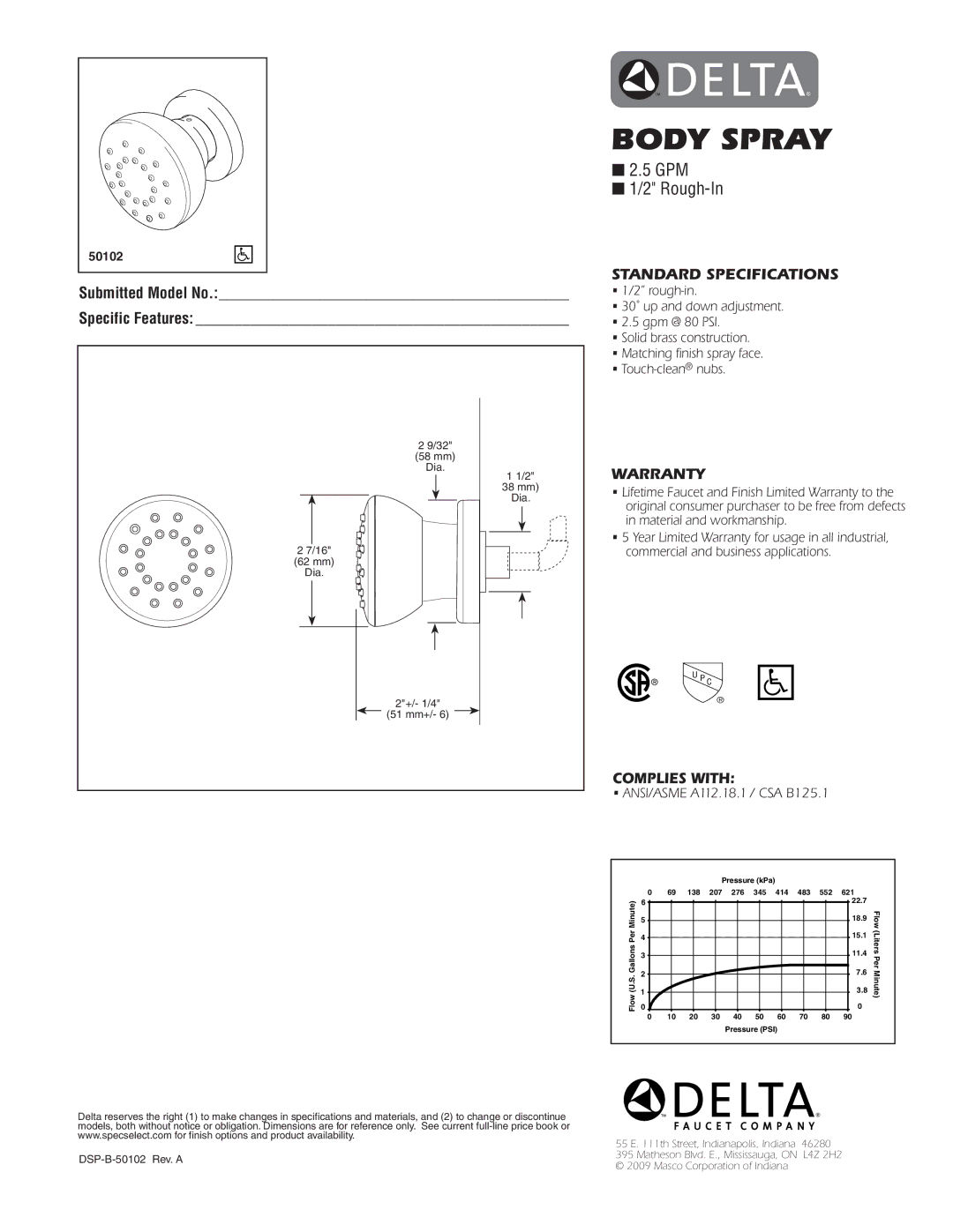 Delta 50102 specifications Body Spray, GPM Rough-In, Standard Specifications, Warranty, Complies with 