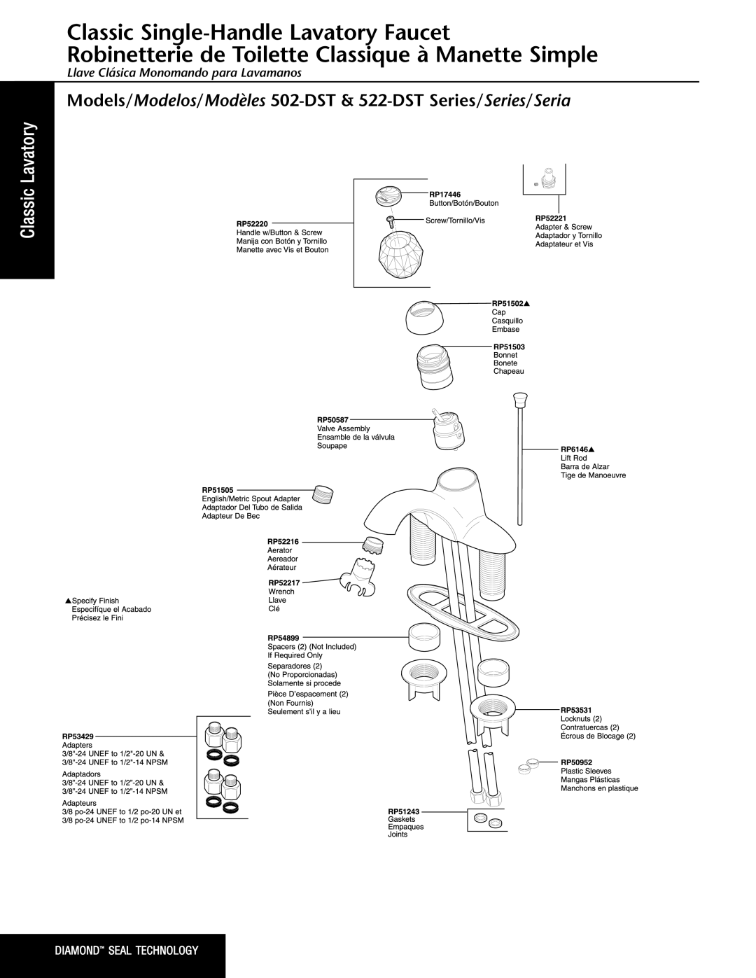 Delta 522-DST Series, 502-DST Series manual Classic Lavatory 