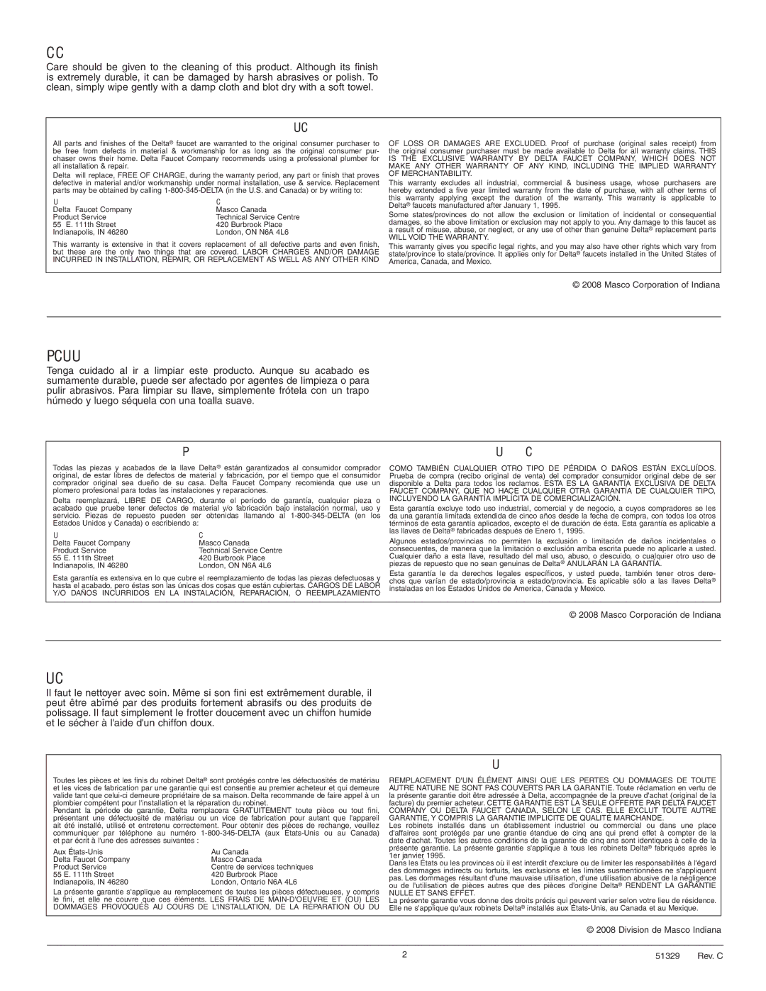 Delta 51329, 538 Series manual Cleaning and Care 