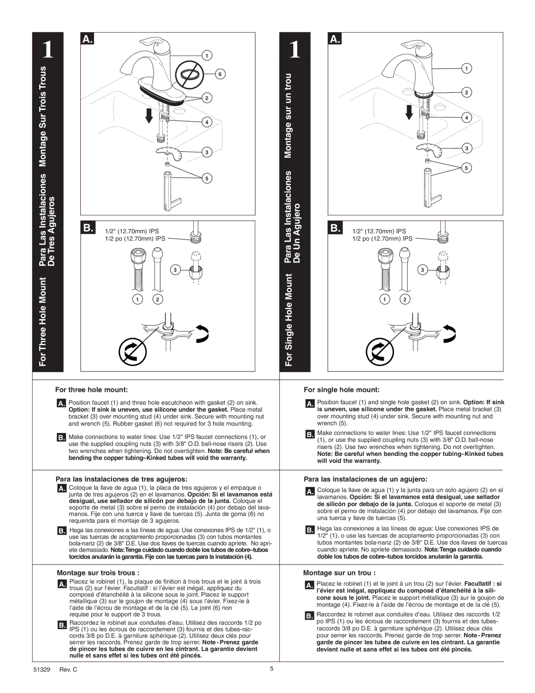 Delta 538 Series, 51329 manual For three hole mount For single hole mount, Montage sur trois trous Montage sur un trou 