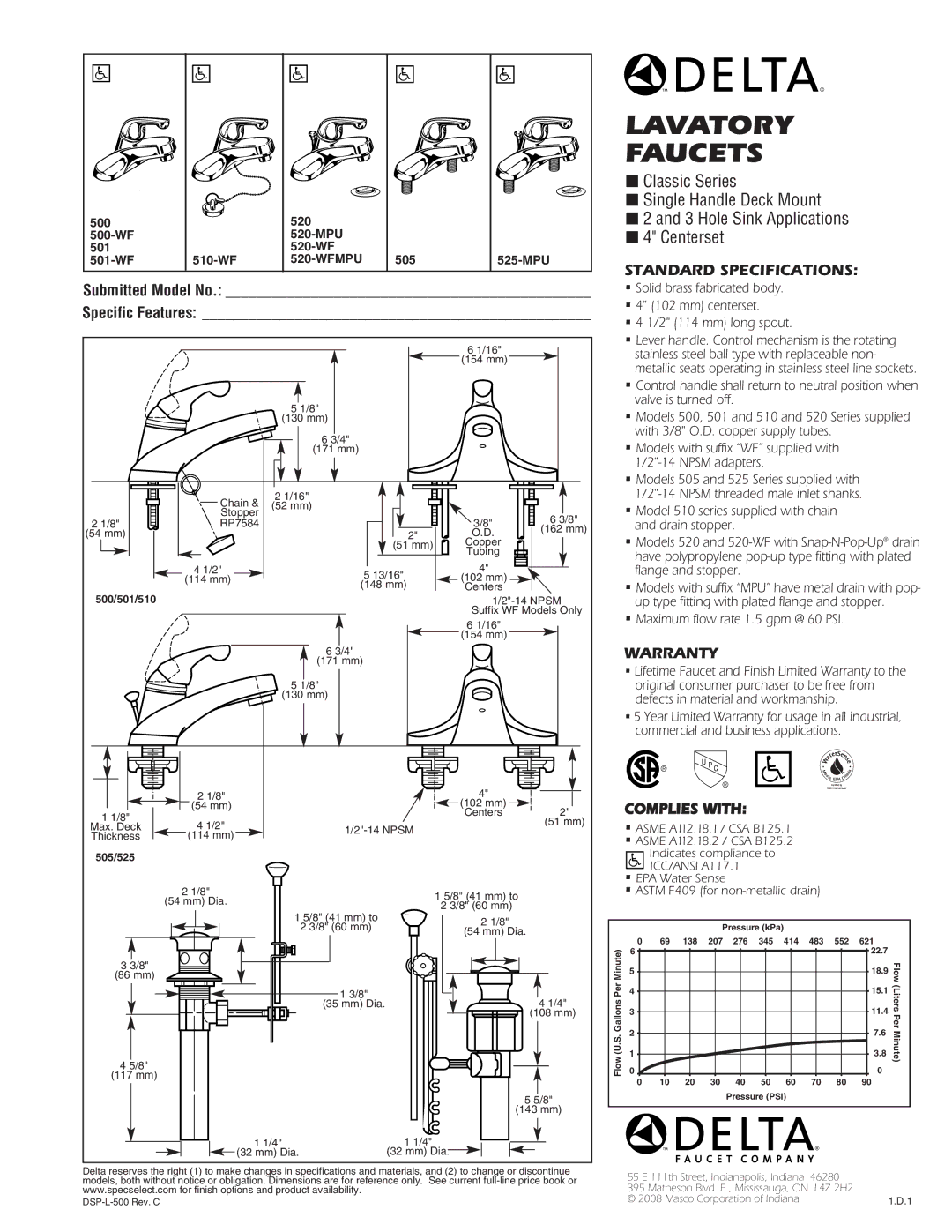 Delta 510-WF, 520-MPU warranty Lavatory Faucets, Submitted Model No, Standard Specifications, Warranty, Complies with 