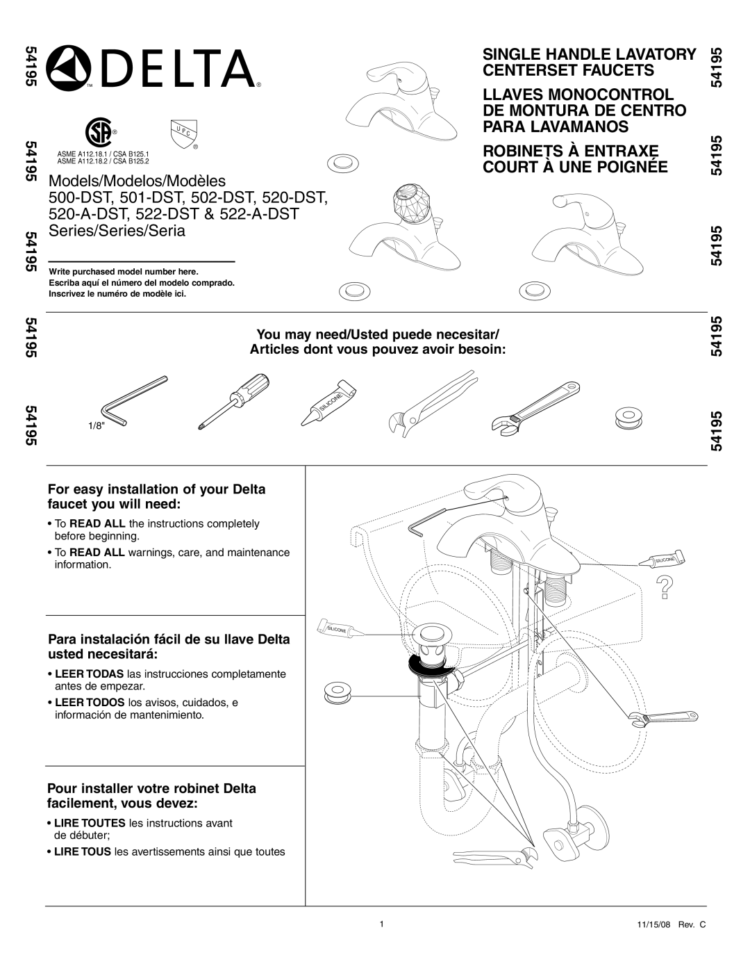 Delta 520-A-DST, 522-A-DST manual Series/Series/Seria, Write purchased model number here 