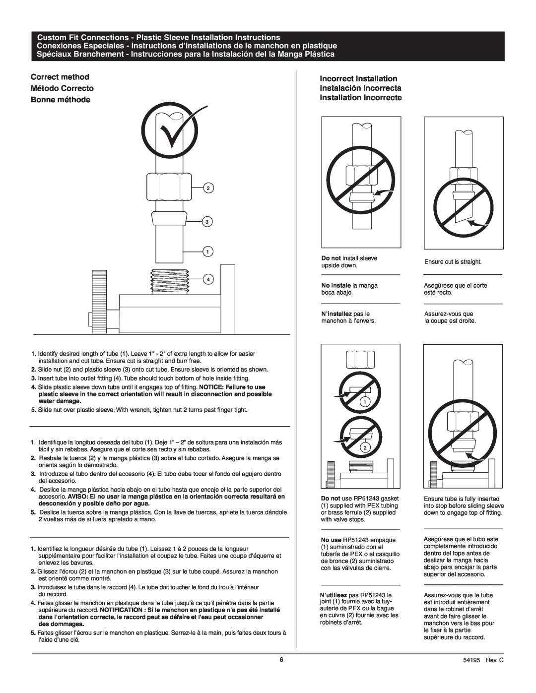 Delta 522-A-DST, 520-A-DST manual Custom Fit Connections - Plastic Sleeve Installation Instructions 
