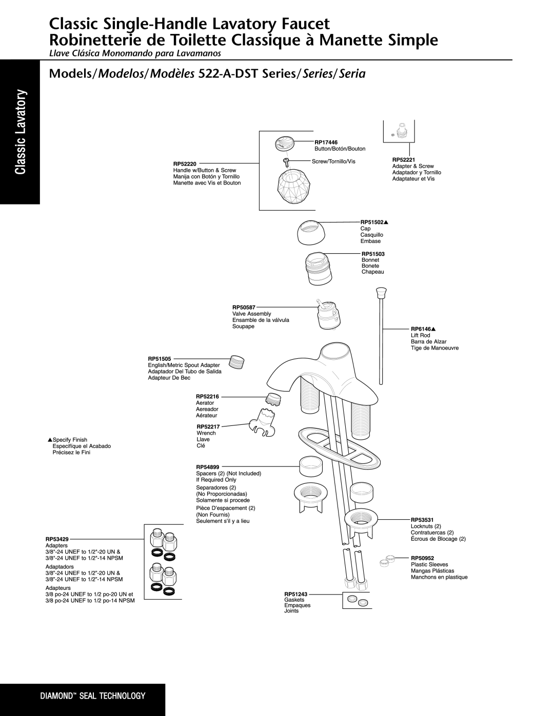 Delta 522-A-DST Series manual Classic Lavatory 