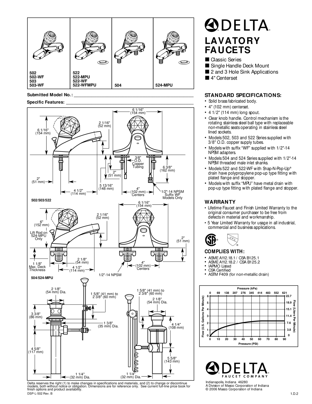 Delta 503-WF, 522-MPU, 502-WF, 522-WFMPU, 524-MPU warranty Lavatory Faucets, Standard Specifications, Warranty, Complies with 