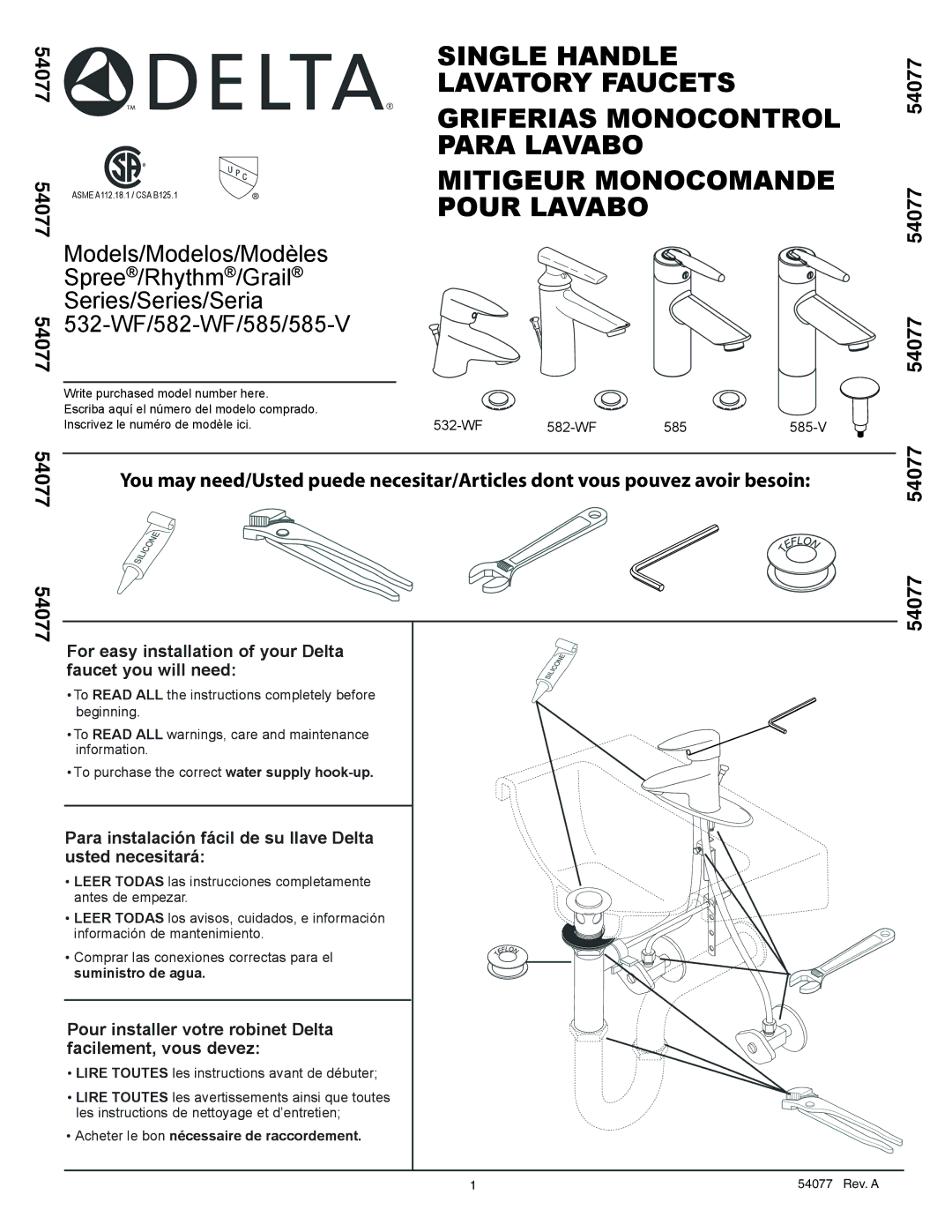 Delta 585 Series, 532-WF Series, 582-WF Series manual Series/Series/Seria, Acheter le bon nécessaire de raccordement 