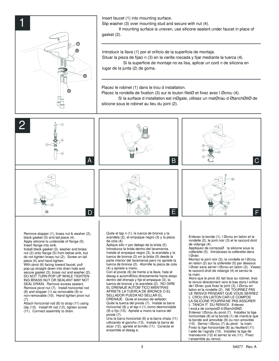 Delta 585-V Series, 532-WF Series, 585 Series manual Pop-Ups with Metal Flange and Plastic Tail Piece, Apriete a mano 