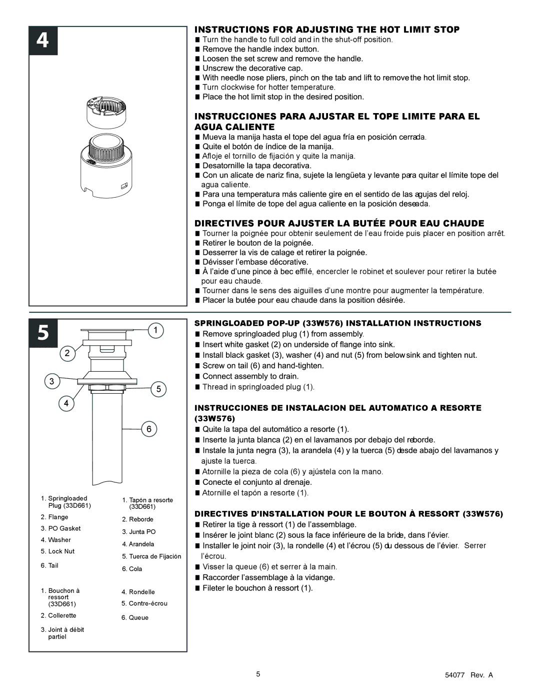 Delta 585 Series Instructions for Adjusting the HOT Limit Stop, Instrucciones Para Ajustar EL Tope Limite Para EL, 33W576 