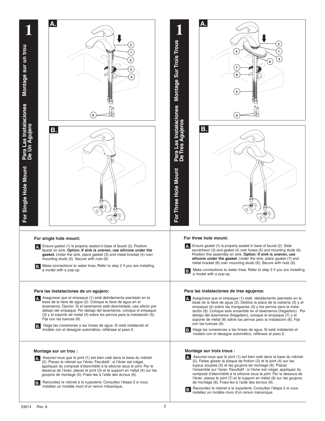 Delta 53914 manual For single hole mount For three hole mount, Montage sur un trou Montage sur trois trous 