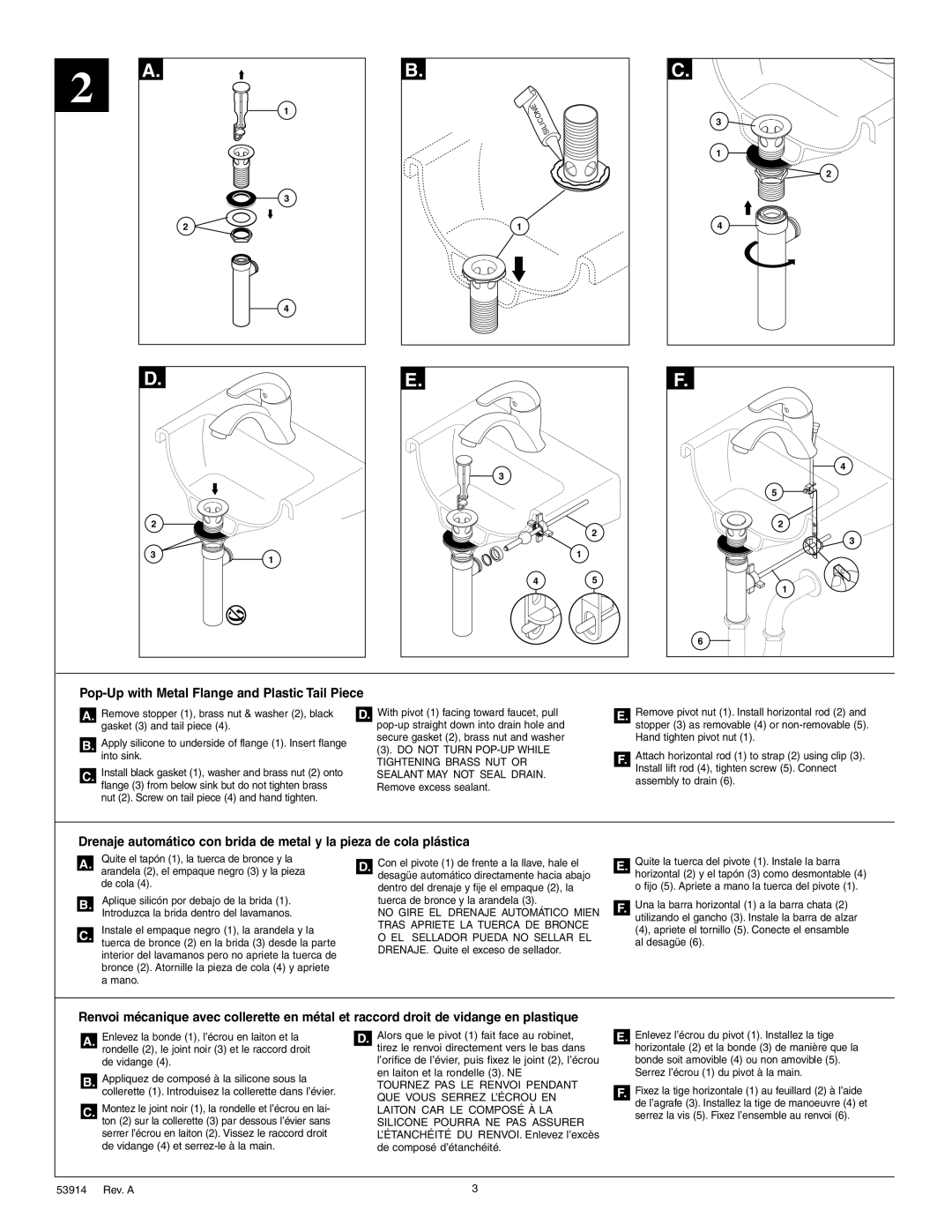 Delta 53914 manual Pop-Up with Metal Flange and Plastic Tail Piece 