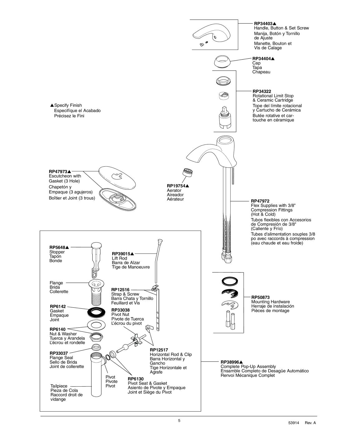 Delta 53914 RP47973 Escutcheon with Gasket 3 Hole, RP19754, RP34403s, Rp34404s Cap Tapa Chapeau RP34322, RP47972, Rp6130 