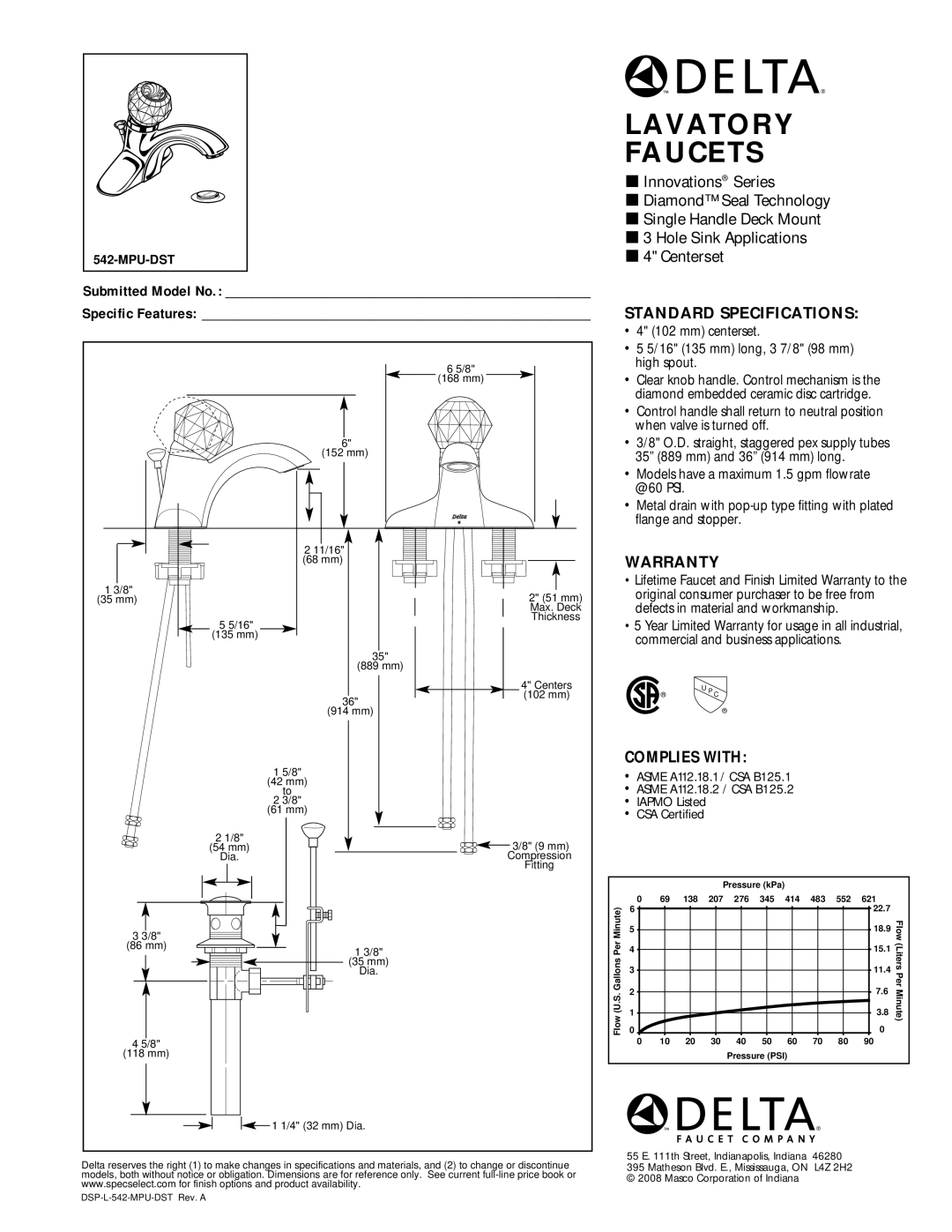 Delta 542-MPU-DST warranty Lavatory Faucets, Standard Specifications, Warranty, Complies with, Mpu-Dst 