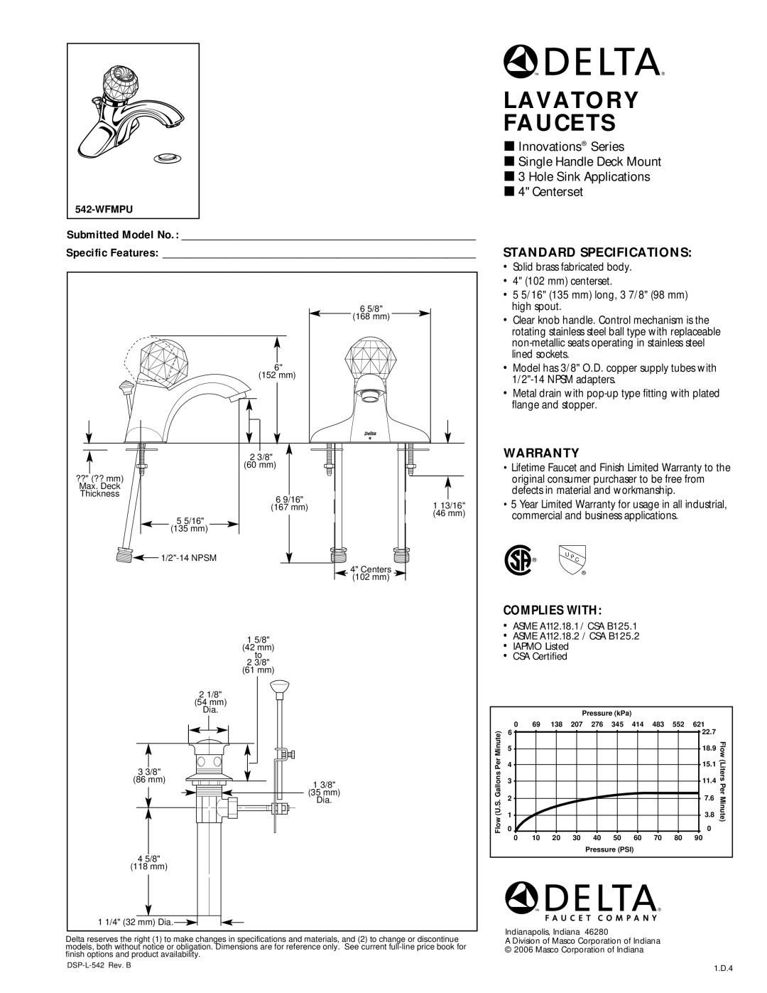 Delta 542-WFMPU warranty Lavatory Faucets, Standard Specifications, Warranty, Complies with, Wfmpu 