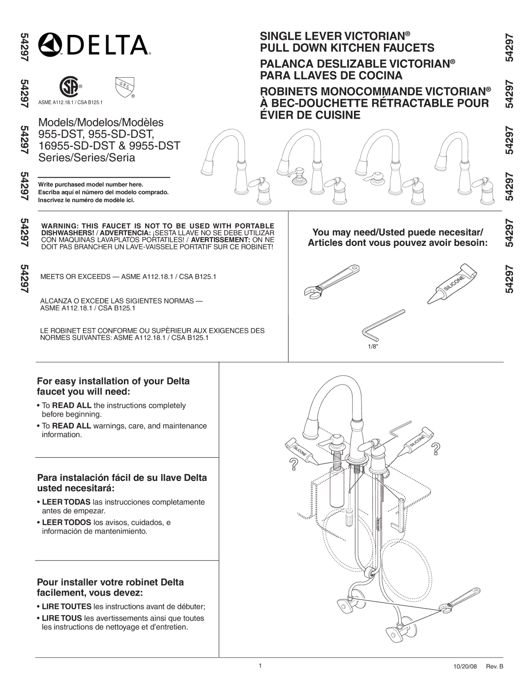 Delta 16955-SD-DST, 542975, 955-DST manual Alcanza O Excede LAS Sigientes Normas, Write purchased model number here 