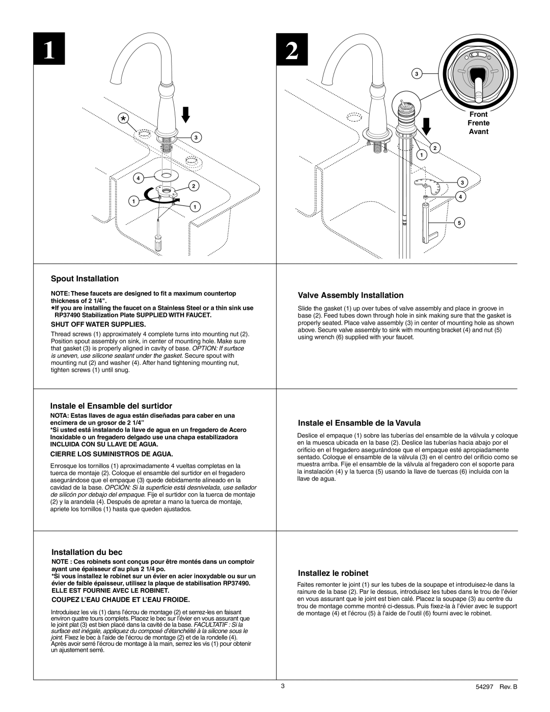 Delta 955-DST manual Spout Installation Valve Assembly Installation, Instale el Ensamble del surtidor, Installation du bec 