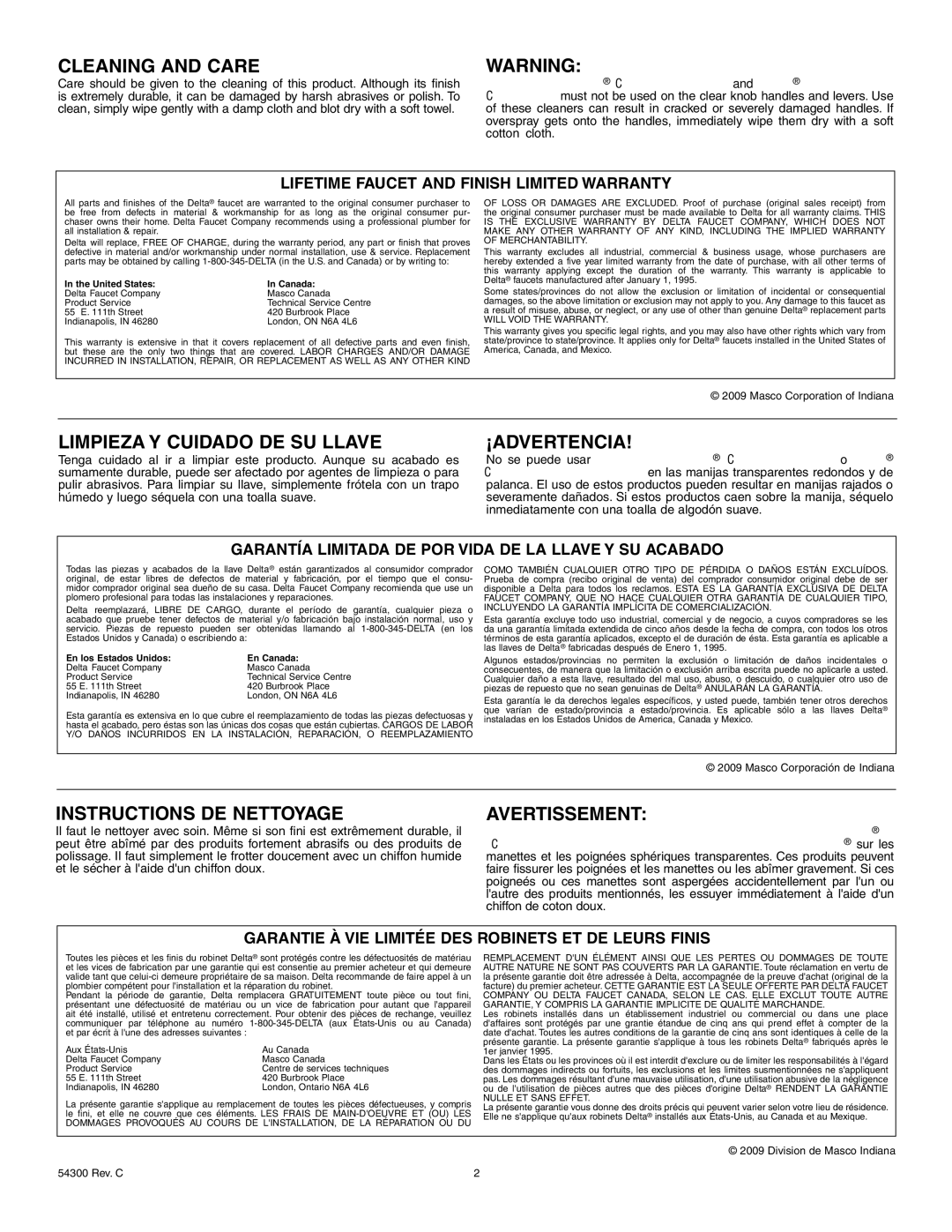 Delta 541-DST Series, 544-DST Series, 540-DST Series, 542-DST Series manual Cleaning and Care 