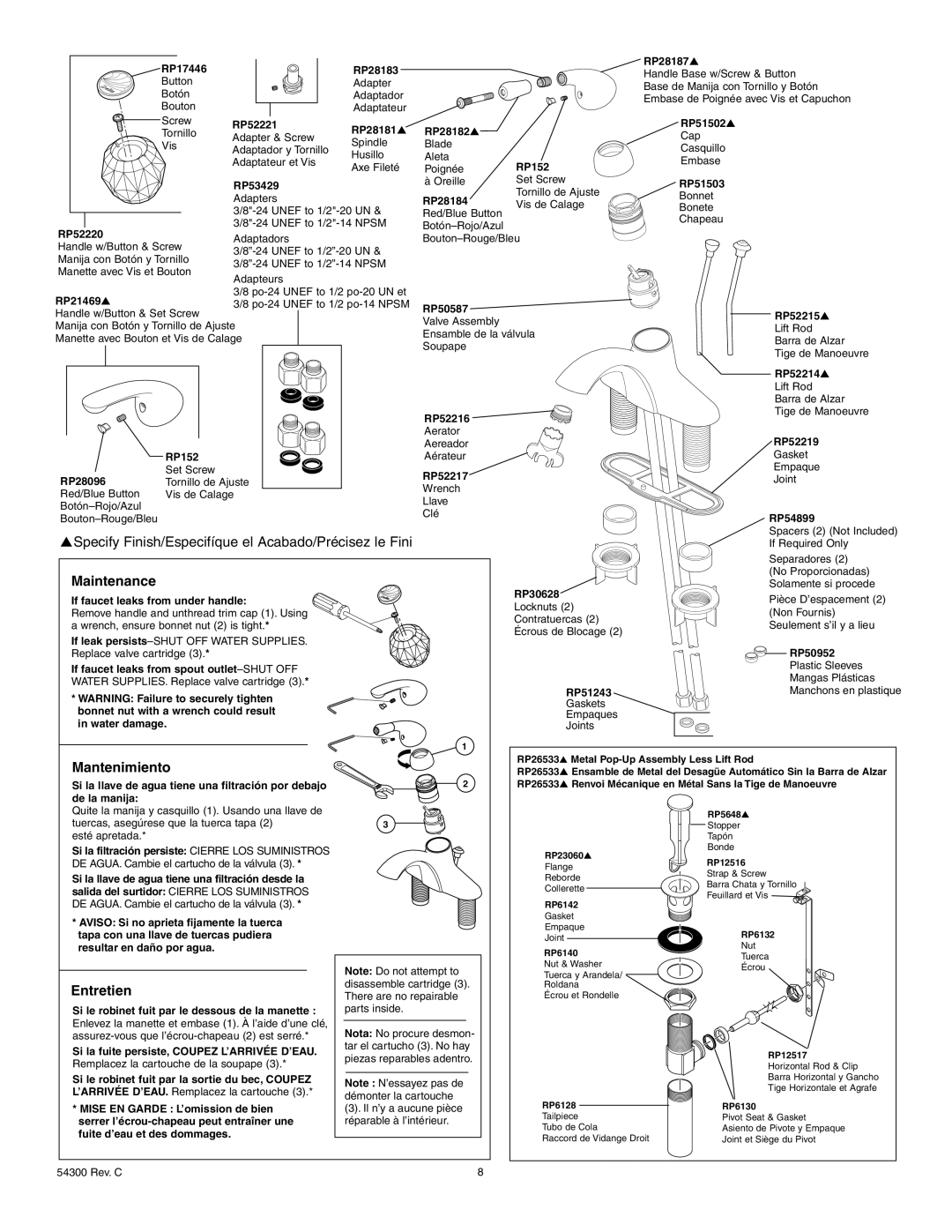 Delta 544-DST Series, 540-DST Series, 541-DST Series, 542-DST Series manual Maintenance, Mantenimiento, Entretien 