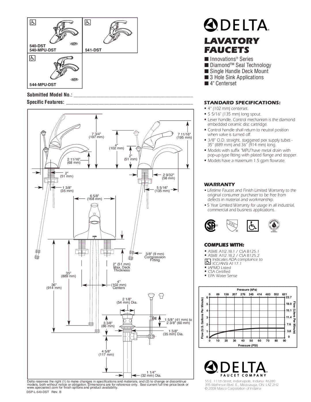 Delta 540-MPU-DST warranty Lavatory Faucets, Submitted Model No, Standard Specifications, Warranty, Complies with 